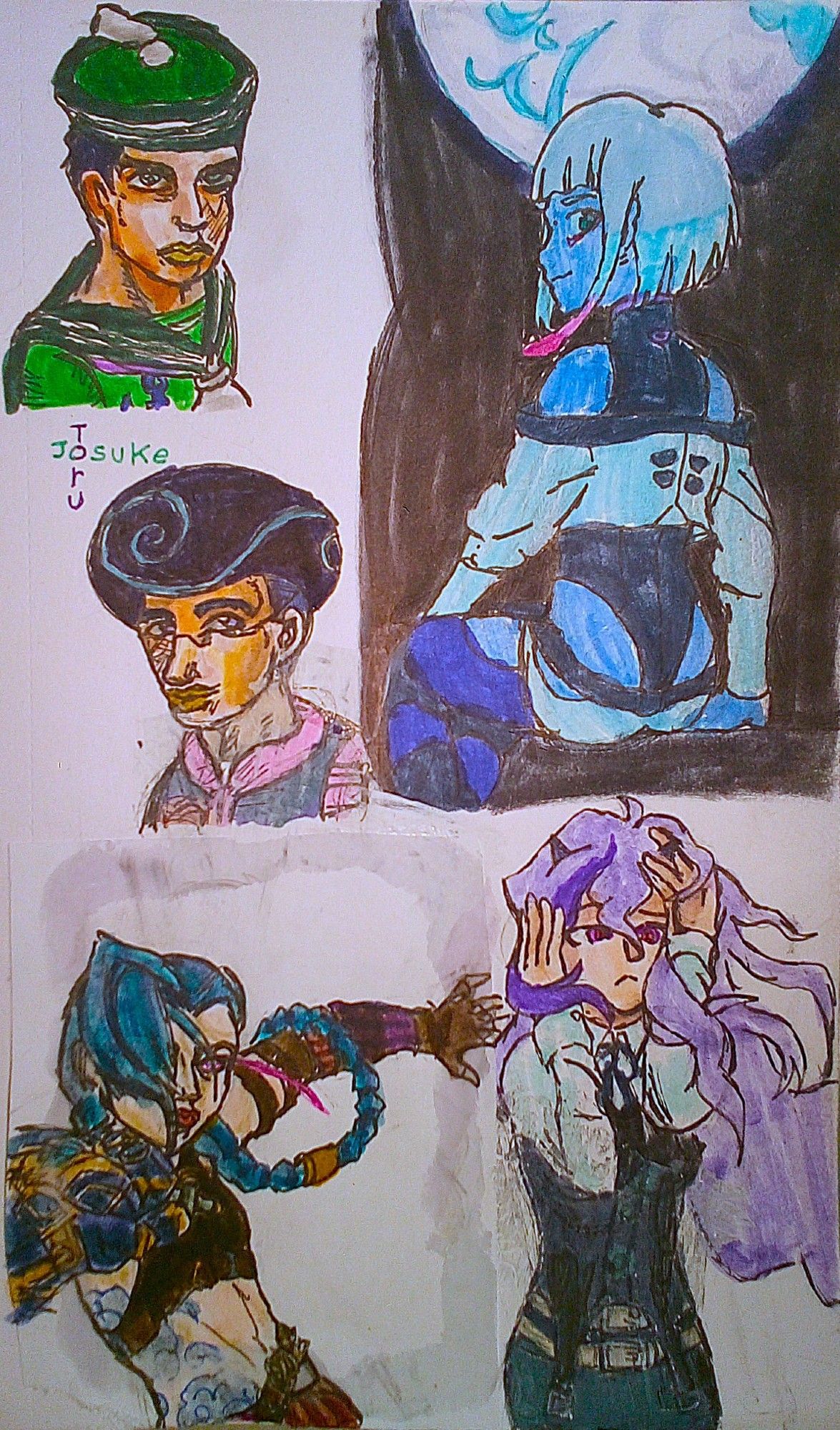 Josuke Higashikata and Toru from Jojolion on the top left. Lucy from Cyberpunk Edgerunners looking at the moon. OC Violet trying to keep her hair out of her eyes. Jinx from arcane dodging a punch from Vi.