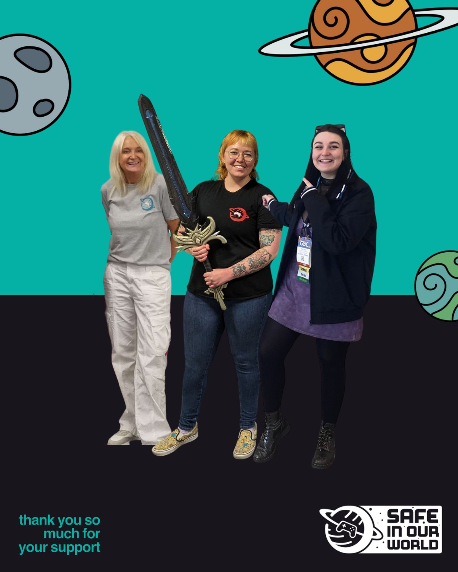 Rosie, Sky and Sarah smiling in front of a black/blue background with illustrated planets. In the corner reads 'Thank you so much for your support' and there is a white SIOW logo in the bottom right.