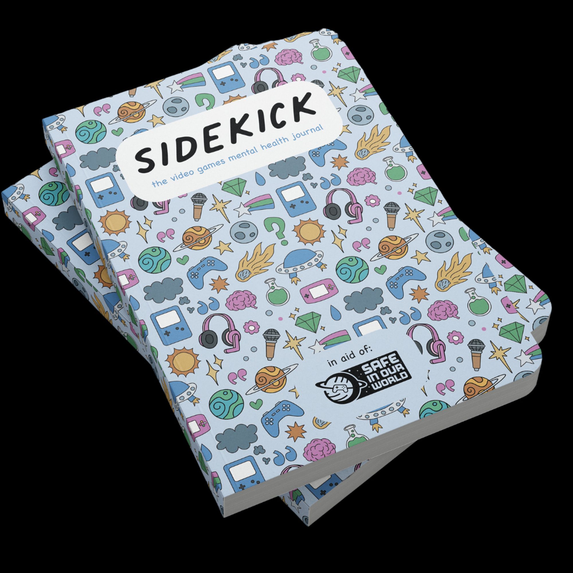 a png of a book with 'Sidekick' written on it. The book is blue, and covered in a repeating pattern of space/games themed illustrations