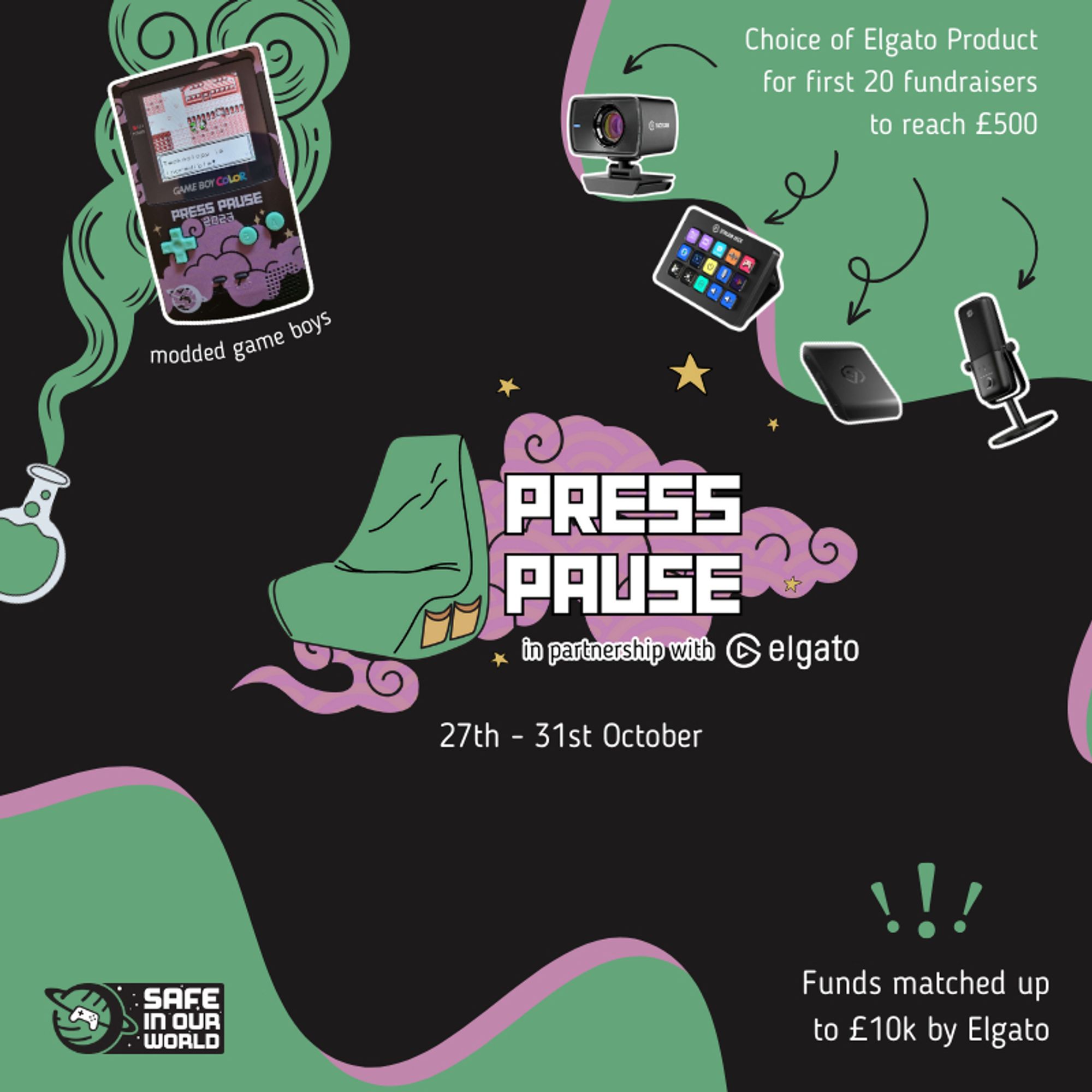 ALT: a green, pink and dark grey image with a logo of a comfy chair and pink cloud in the centre. The writing reads 'PRESS PAUSE' in partnership with Elgato. 27th - 31st October. 

There are elgato products in the top right corner (facecam, HDX60, streamdeck and wave:3) with text "choice of elgato product for first 20 fundraisers to reach £500" 
In the left there is a Press Pause themed game boy
Funds matched up to £10k by Elgato