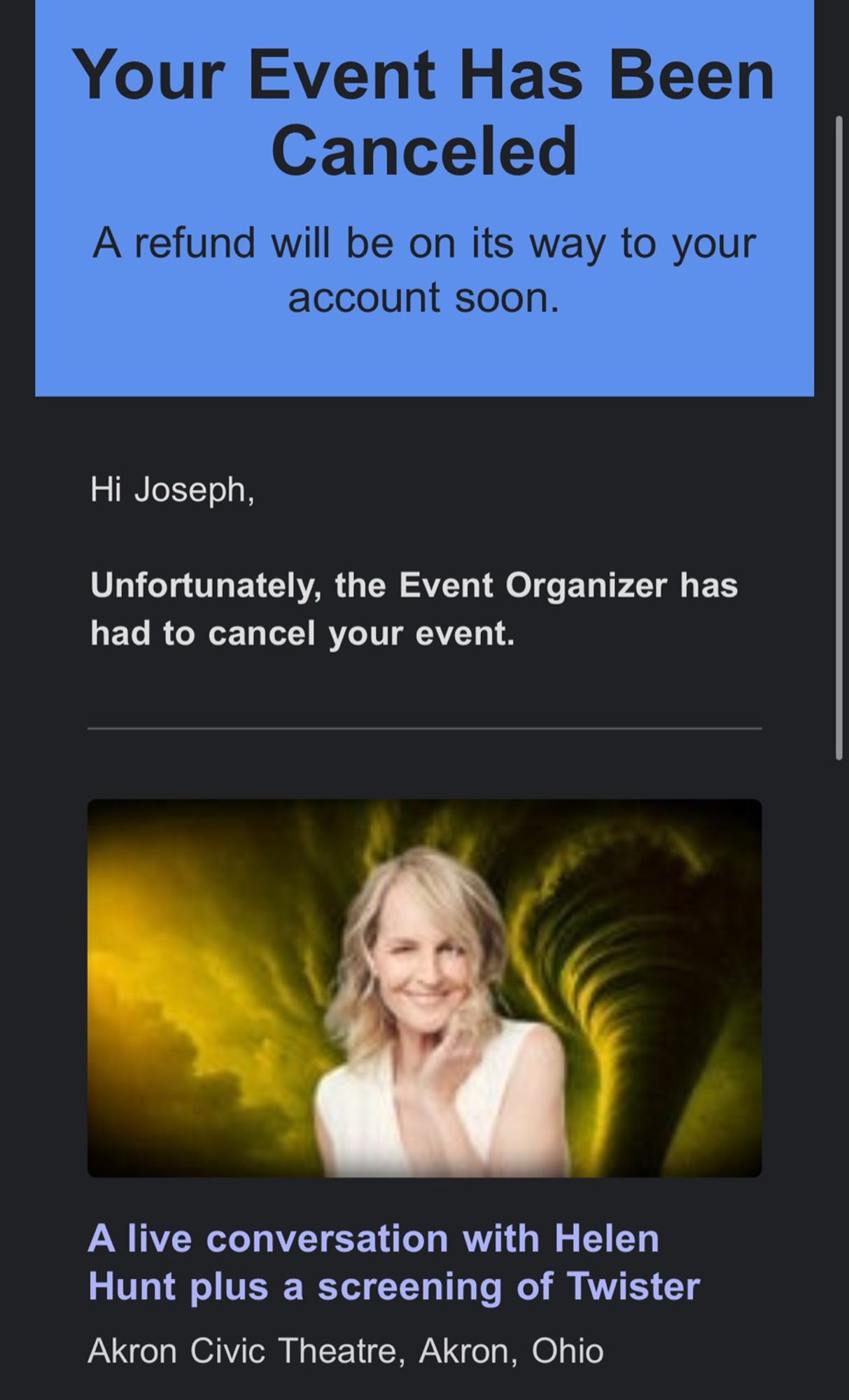 Screenshot showing a liver conversation with Helen Hunt and a screening of Twister has been canceled.