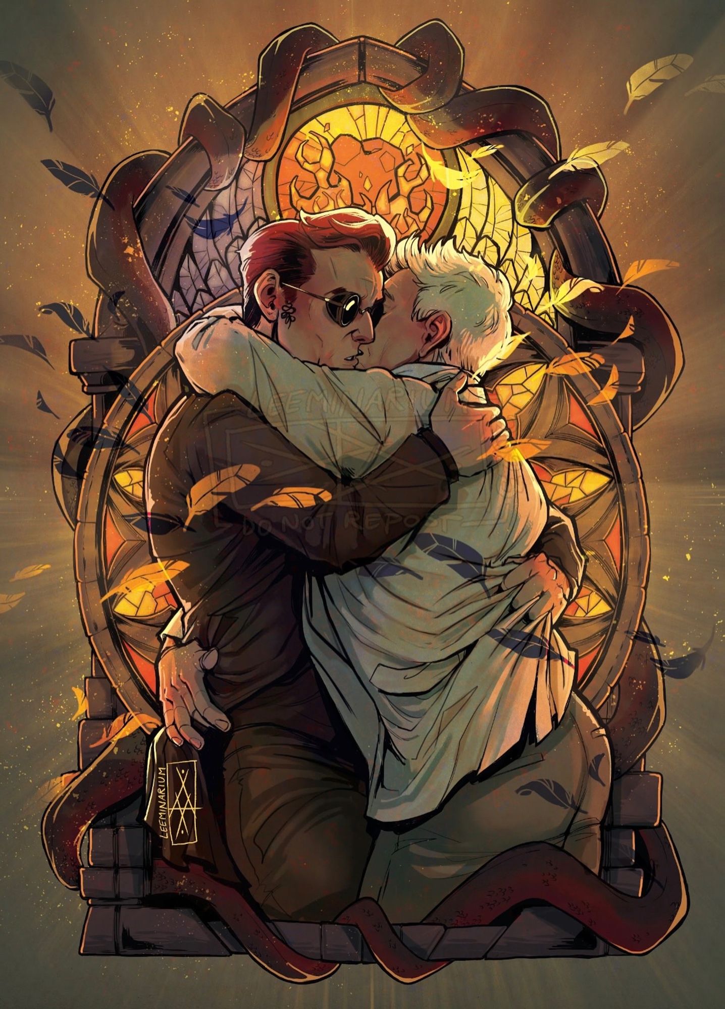 Crowley and Aziraphale tightly embrace in front of a stained glass and stonework background that features wings, snake, the apple of eden. There’s warm light shining through the stained glass, and feathers float in front of them; some bright, some dark.