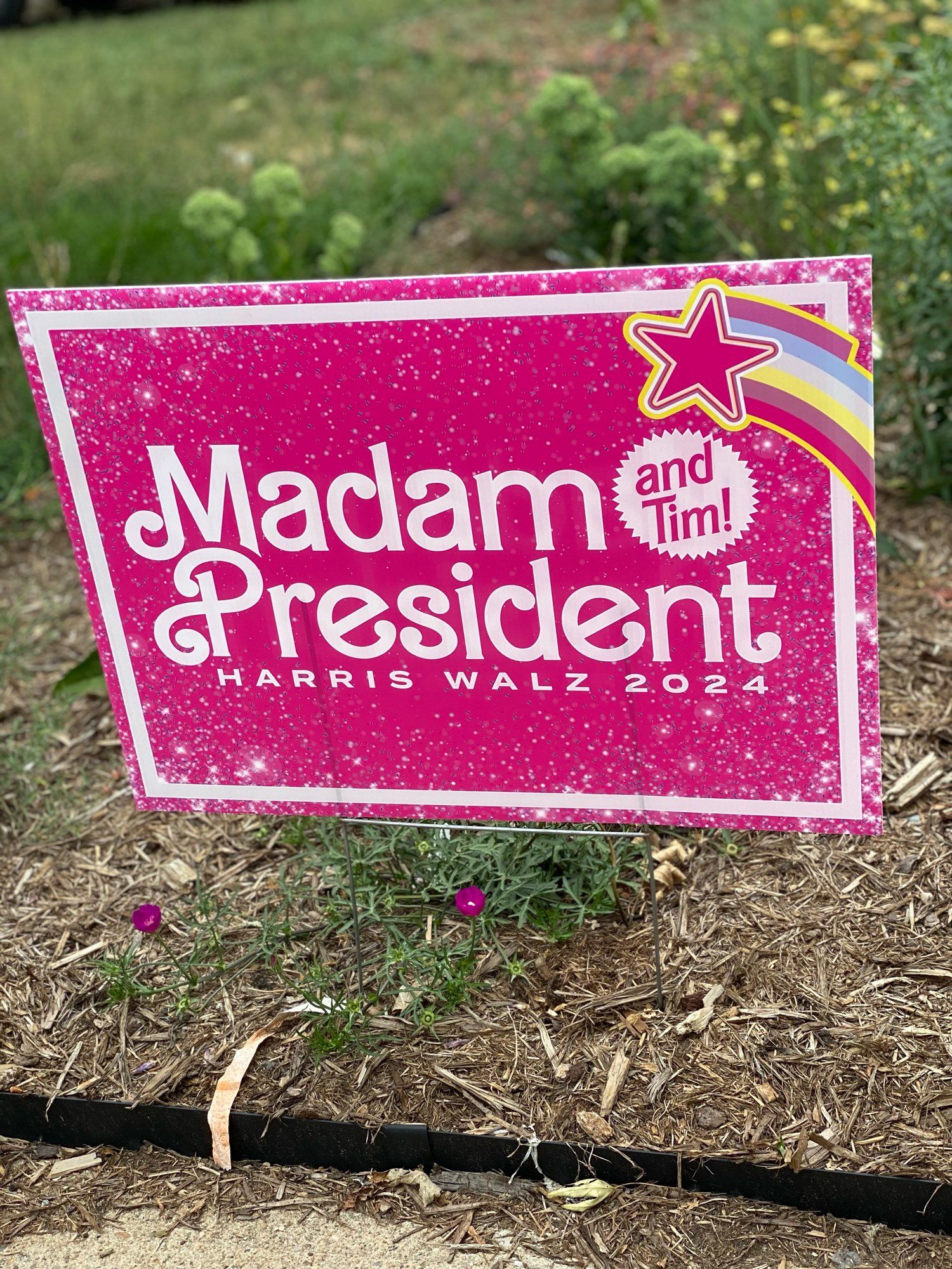 Pink Barbie theme yard sign says Madam President and Tim! Harris Walz 2024