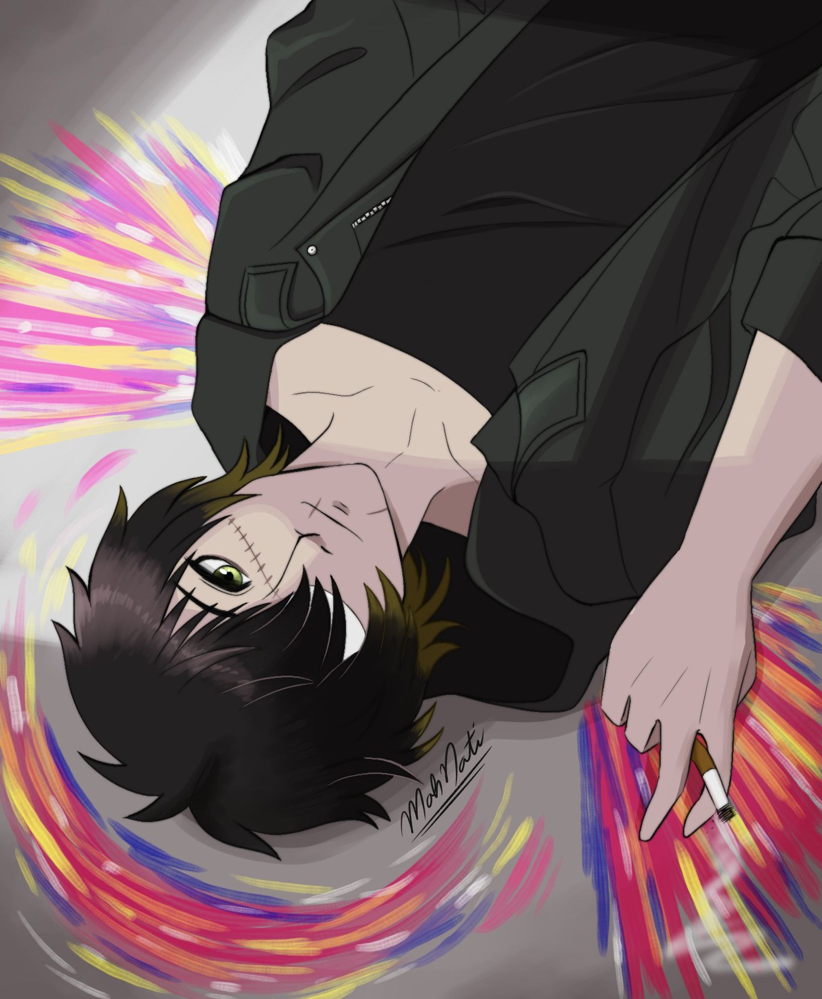 Picture features Towa from Slow Damage, lying on the floor and staring at the viewer. He's holding a cigarette between two fingers and is surrounded by colorful lines that vaguely resemble wings and a halo