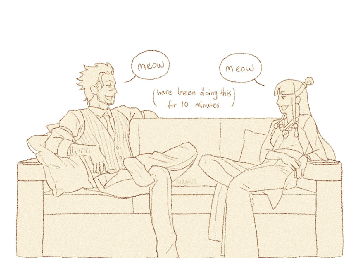 Panel 1 of 3 of a fanart comic of characters from Ace attorney Including the characters Diego Armando and Maya fey, later featuring Phoenix Wright.
Diego (on the left) and Maya (on the right) are sitting across from eachother on the couch, one leg up each and comfortable while facing eachother and simply saying "meow" out loud to eachother. in parenthesis there is a note that they have been doing this for 10 minutes.