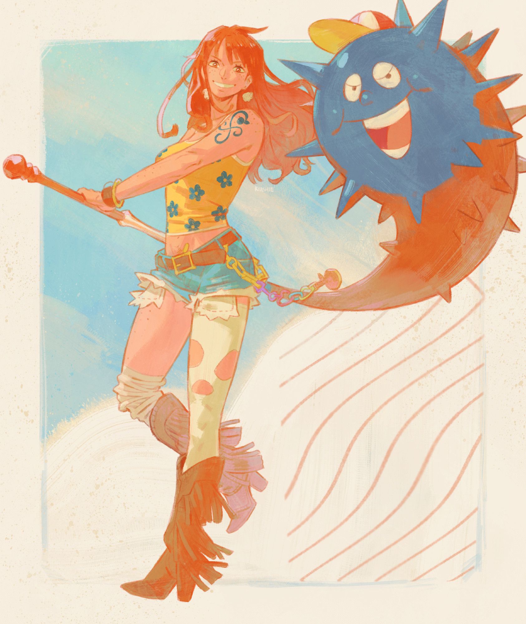 Nami from one piece is gleefully posed with her clima-tact behind her as she is about to swing it, with Zeus coming out of the tip in his spiked club form. Nami is dressed in fun clothes - a yellow tank top with blue flowers on it, cutoff frayed denim short shorts with the pockets peeking out, one white tight scrunched up around her knee like a leg warmer and the other pulled up with fashionable torn holes around the knee. she's wearing brown leather boots with fringe on the sides. she is having fun!