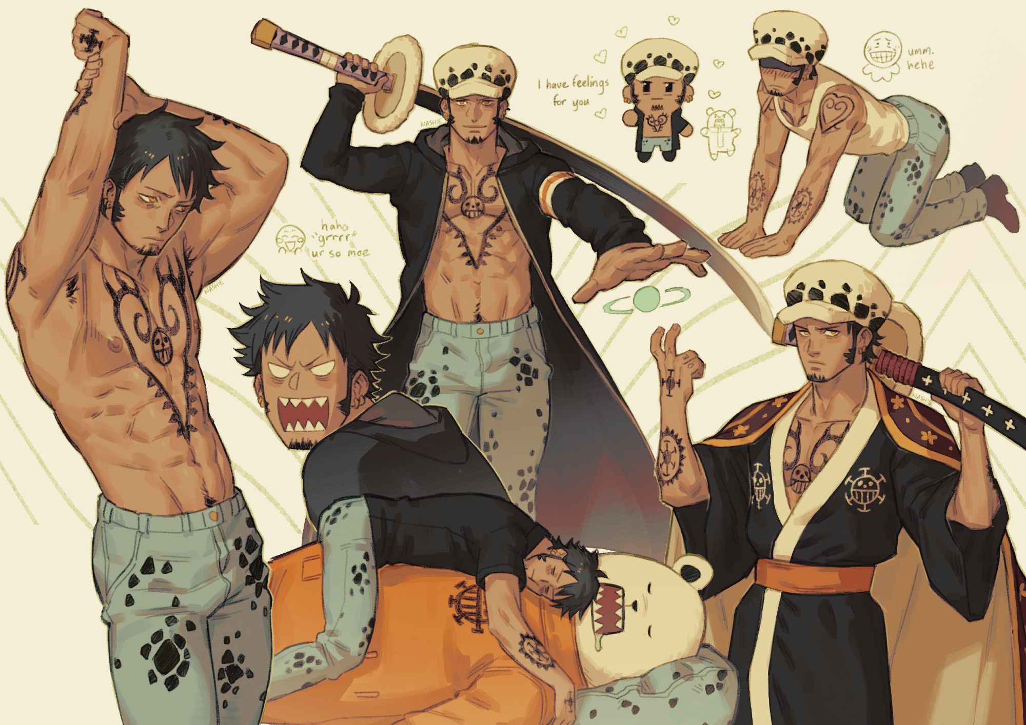 a various assortment of doodles of Trafalgar Law from One Piece