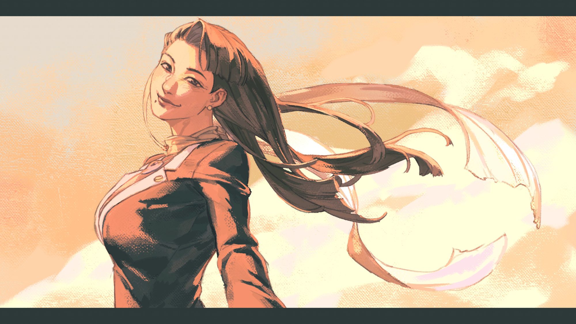 an illustration of Mia Fey from Ace Attorney; she is walking away from the viewer, but she is turned to face and reach towards them as if she is holding their hand and pulling them along with her. her hair and scarf are blowing in the wind, and she is smiling fondly. she is backed by a yellow-orange sunsetting sky, the bright warm light hitting her face.
the 'viewer' she is pulling along is featured in the next artwork