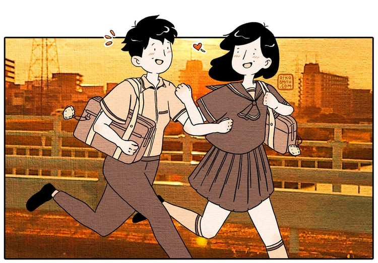 A drawing of two smiling girls running together at sunset with arms interlocked at the elbows. They wear school uniforms and have matching dumpling keychains on their bags