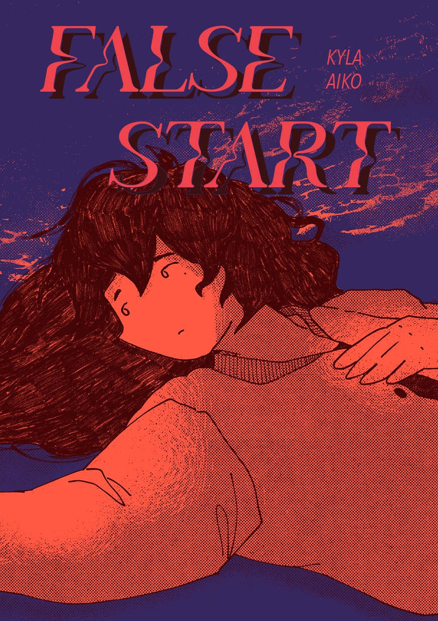 Cover image for the comic "false start" . It is a purple and orange drawing of a girl with long hair lying down on a beach shoreline wearing a varsity jacket. Her left arm is on her heart. Her left arm is outstretched and extends past the page. She looks toward it.