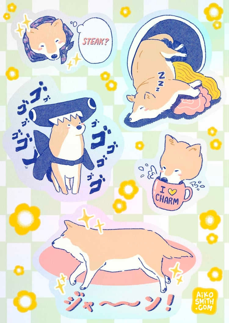 Five drawings of the same shiba inu as a sticker sheet mockup on a green checkered background with yellow flowers

Top left: shiba wears a scarf and thinks "steak?"

Top right: shiba sleeps in a bed that looks like a ramen bowl

Middle left: shiba wears a shark costume with jojo's bizarre adventure sound effects that say ゴゴゴ/go go go 

Middle right: shiba drinks out of a coffee mug that says "i heart charm"

Bottom middle: shiba sleeps on a round pink rug with sparkles and a sound effect that says ジャ~ン/jyaaan 