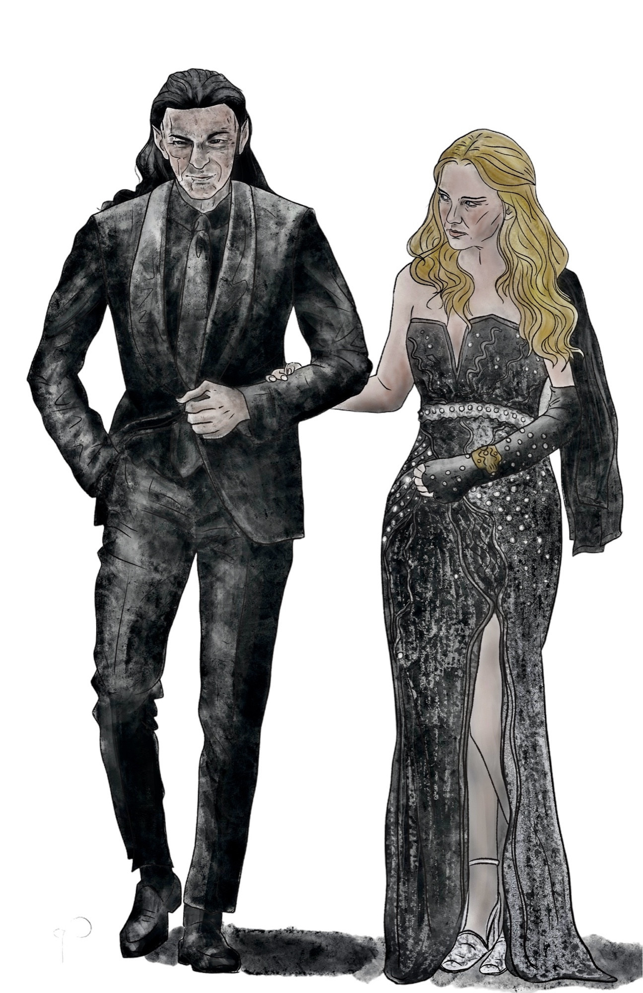 Adar and Galadriel, both glad elegantly in black, walking arm in arm