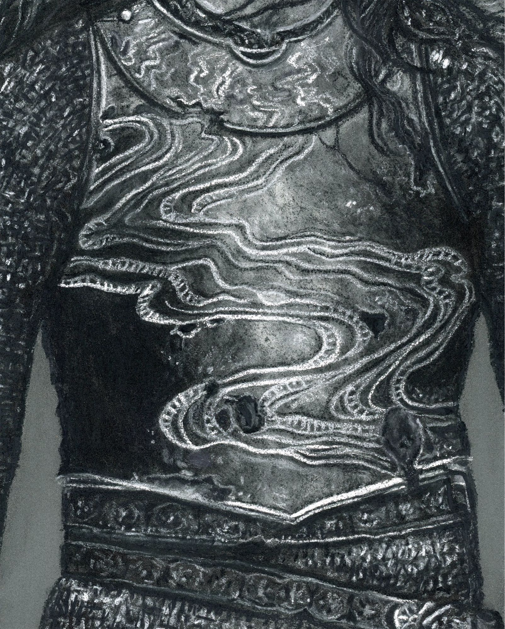 Detail of the black and white Adar pastel drawing, showing his ancient and damaged armour with the engraved river pattern