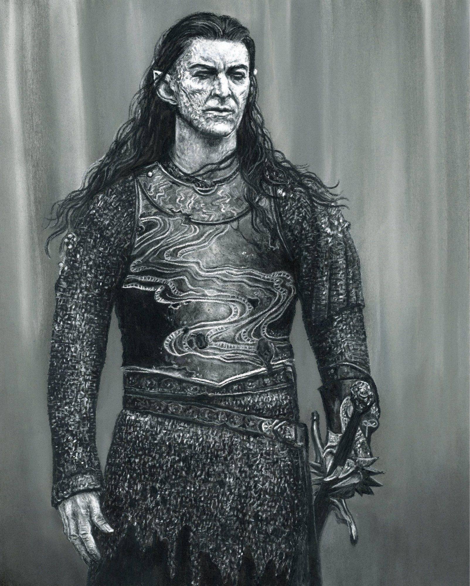 Black and white pastel drawing of Adar from the series The Rings of Power (played by Sam Hazeldine)