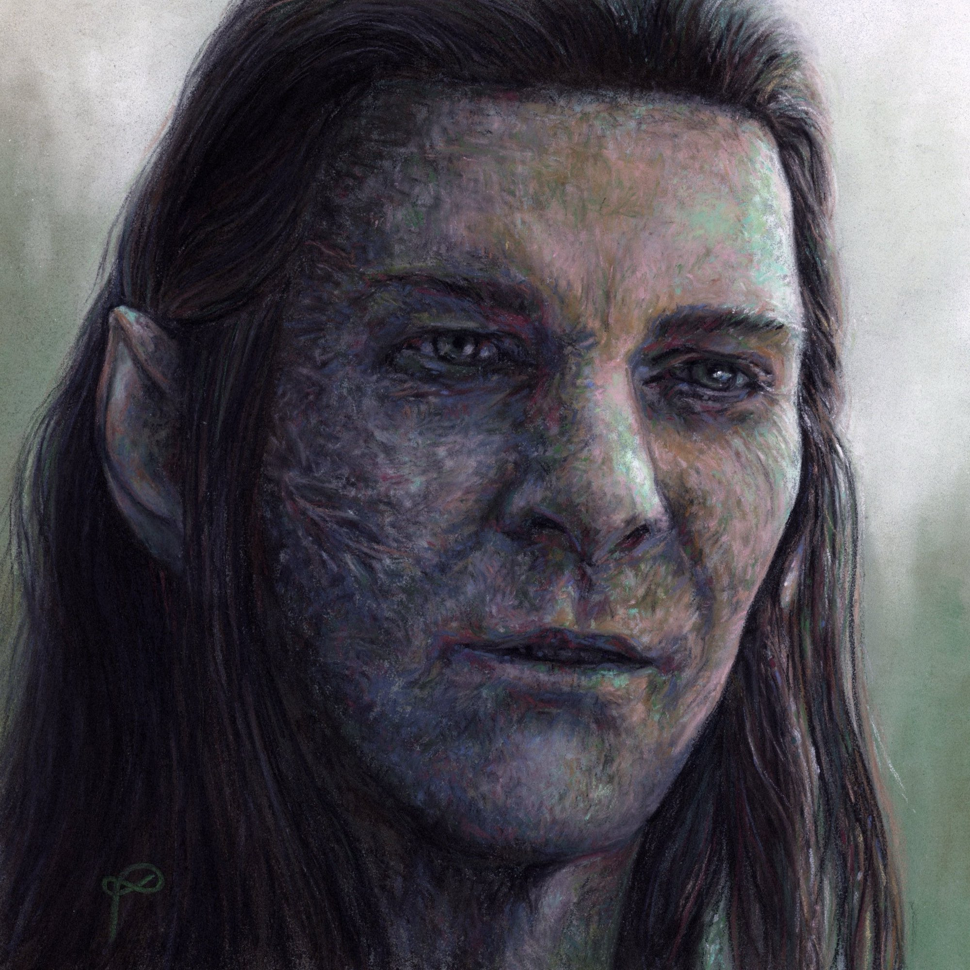 Pastel drawing of Sam Hazeldine‘s Adar. The colours are a bit somber here, because I drew it after watching him die.