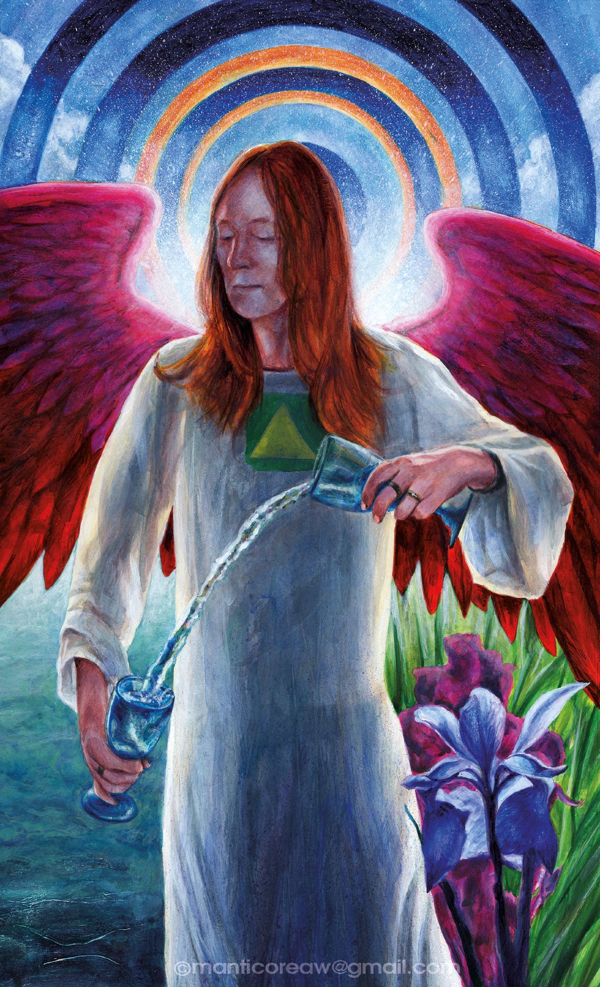 Temperance Tarot card: An Angel with red wings pours water from one cup to another. In the foreground some flowers, the background grass, water and the sky is night/day in concentric circles