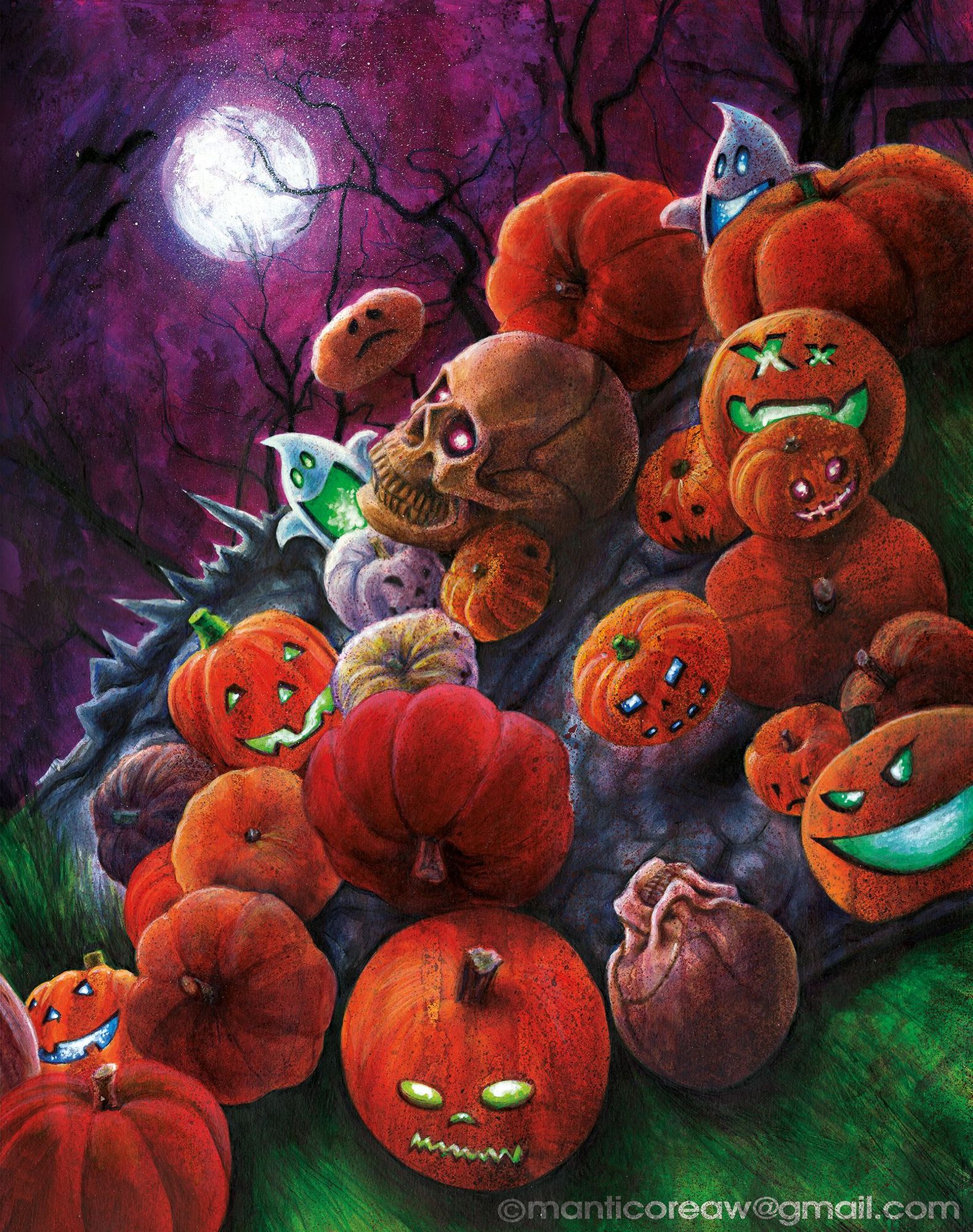 Various pumpkins, skulls & ghosties tumble down a hill, illuminated by the moon in a purple night sky