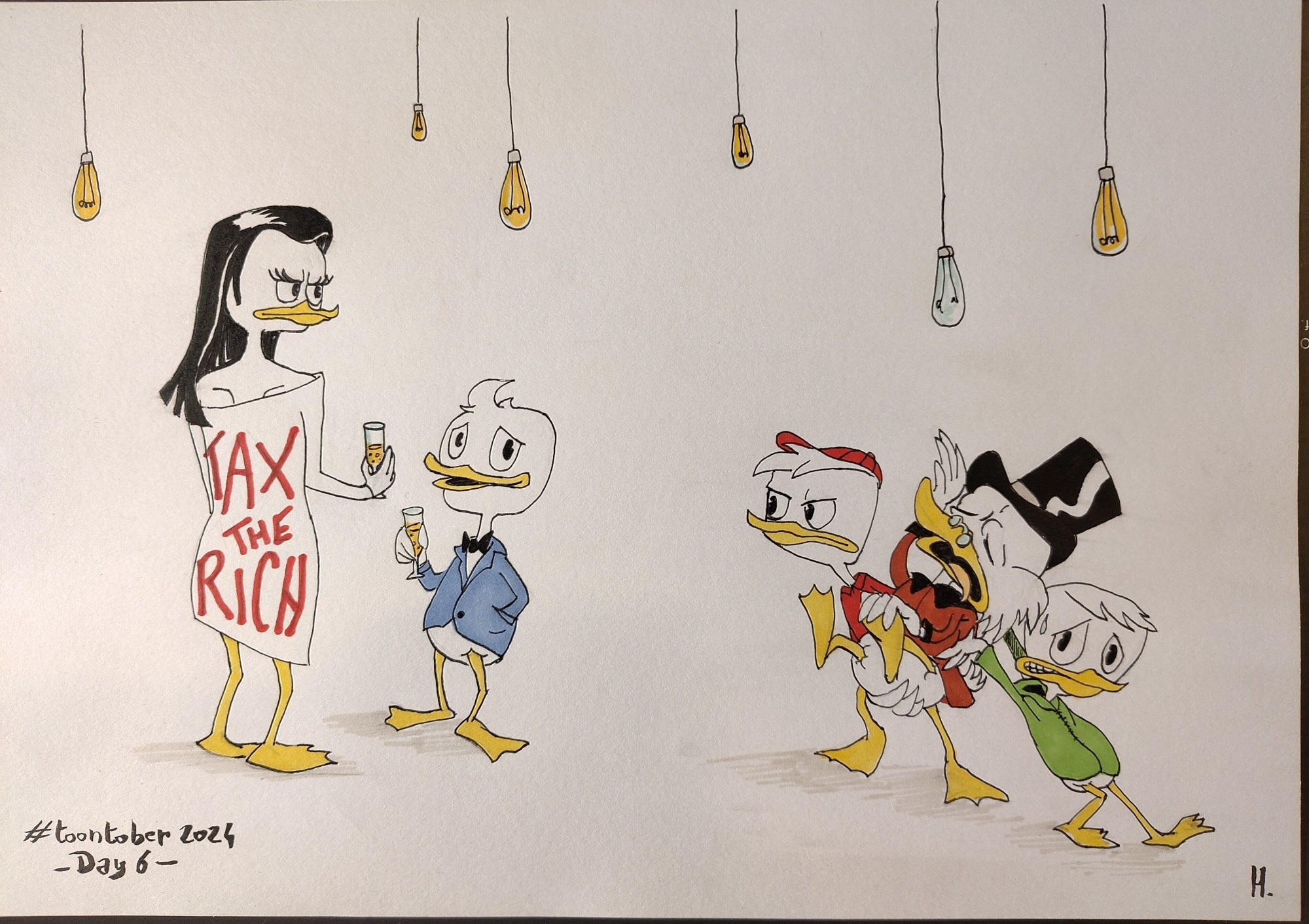 Dessin dans le style de la nouvelle série animé Ducktales : Picsou faisant mine de perdre connaissance rattrapé par Riri et Loulou parce qu'il voit son neveu Fifi discuter, coupe de champagne à la main, avec une femme portant la robe d'AOC sur laquelle il est écrit "TAX THE RICH"