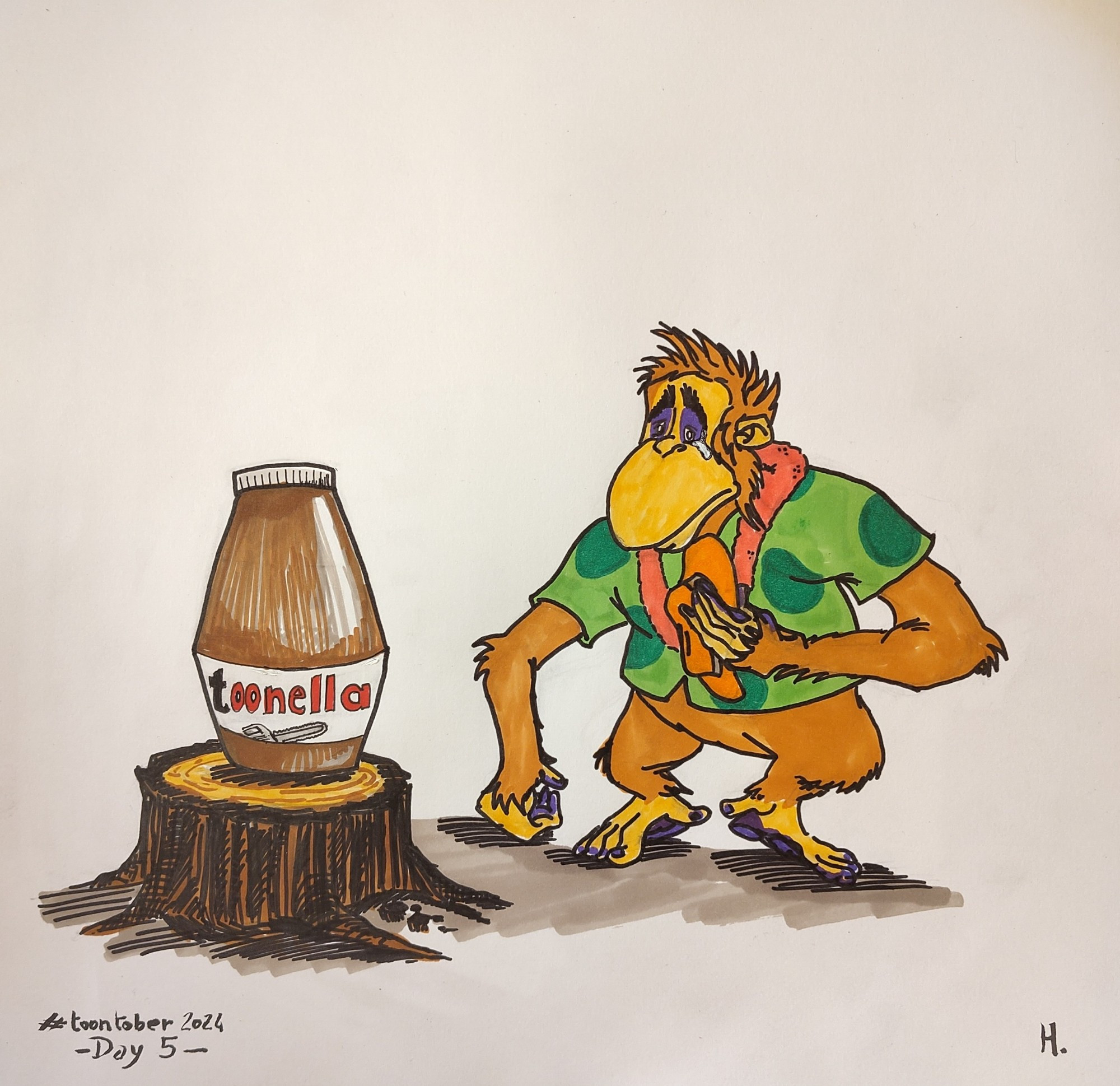 Le roi Louie version "Disney afternoon" (chemise hawaïenne et collier de fleurs) se recueille devant une souche d'arbre coupée sur laquelle est posée un pot de "Toonella" dont le logo rappelle celui d'une célèbre pâte à tartiner.