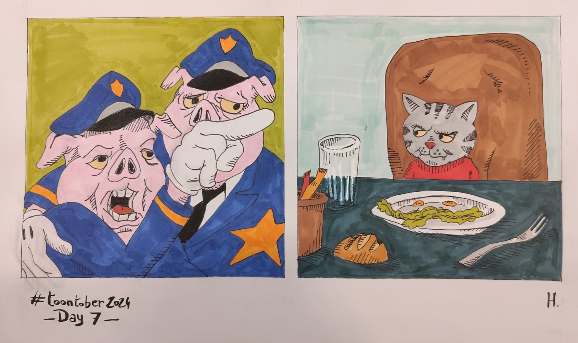 Dessin qui pastiche le meme des deux femmes qui gueulent après un chat à table. Sauf que le chat c'est Fritz the cat et à la place des meufs y'a deux cochons-flics.