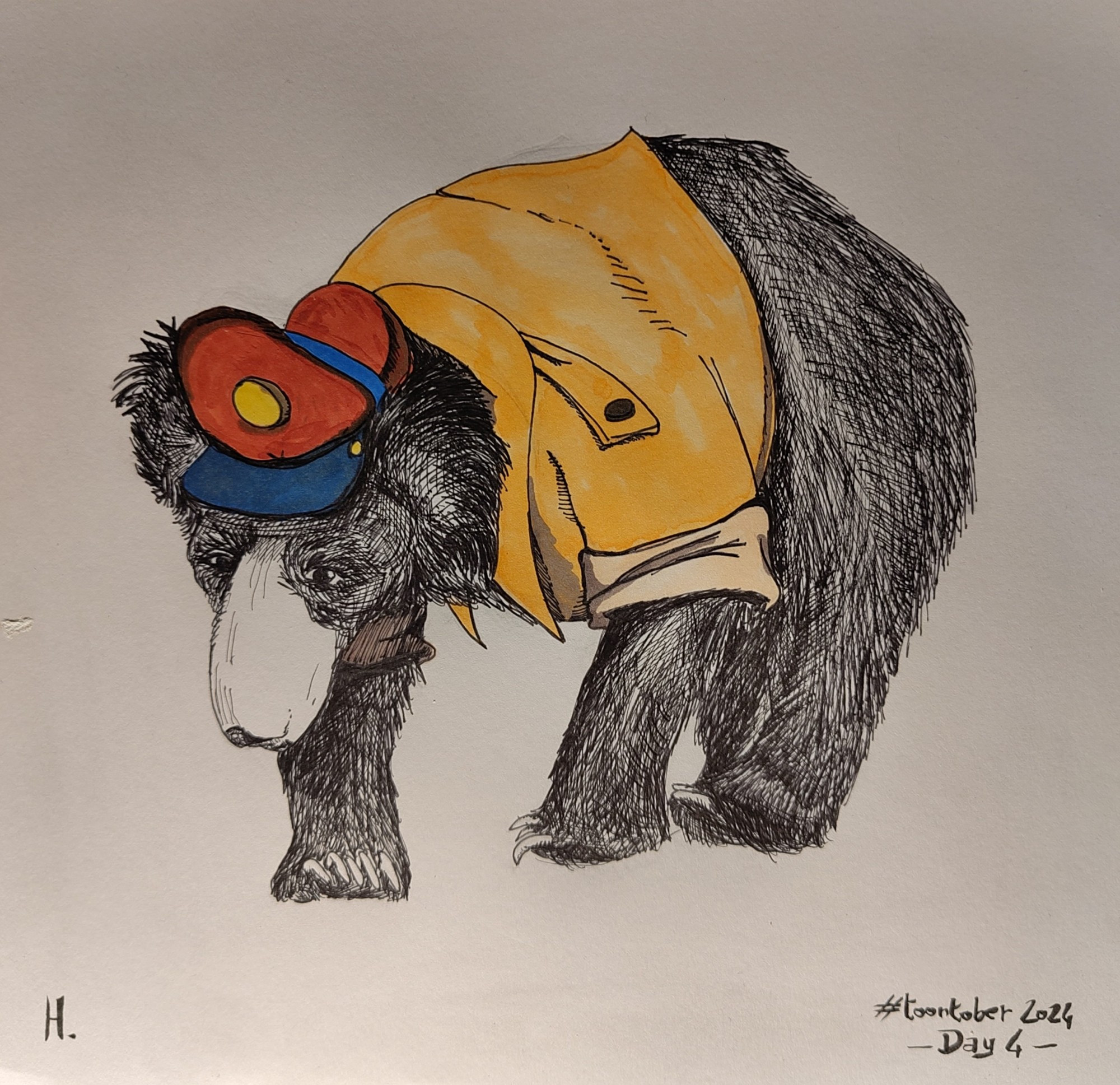 Un ours Lippu à 4 pattes, dessiné de façon réaliste avec plein de petits traits en noir comme dans les ouvrages de science naturelle d'antan. Il est affublé d'une casquette rouge de pilote et d'une veste couleur sable, le costume de Baloo dans la série animée Tales Spin.