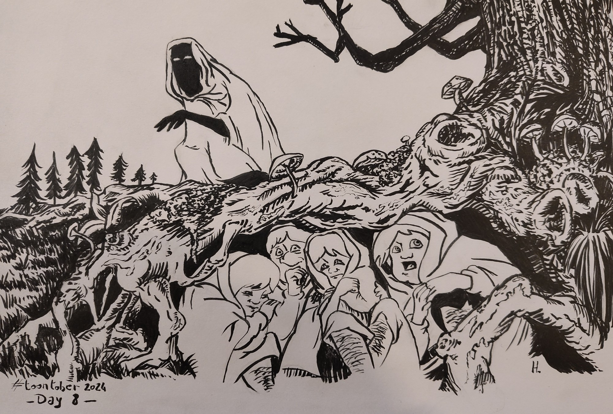 Dessin à l'encre de Chine de Frodon, Sam, Merry et Pippin cachés sous une racine alors que le nazgûl les cherche.