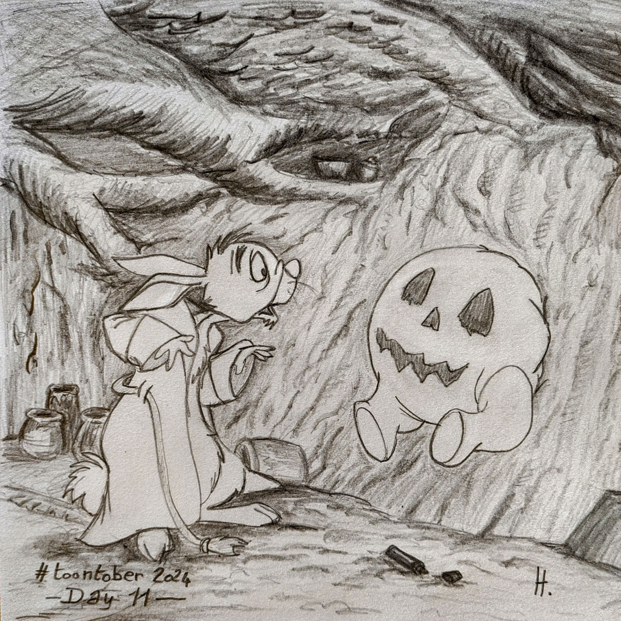 Un dessin au crayon gris et à la mine de plomb. Coco Lapin en peignoir prend peur parce qu'un petit rigolo a dessiné des yeux un nez et une bouche de citrouille d'Halloween sur le gros cul de Winnie qui bloque l'entrée de son terrier.