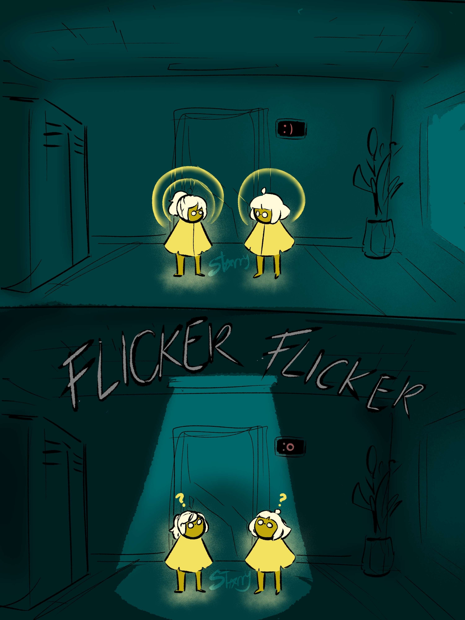 Sky children stand in a hallway, overlooked by P.AI.nter, as the lights flicker, indicating an angler is about to pass through.