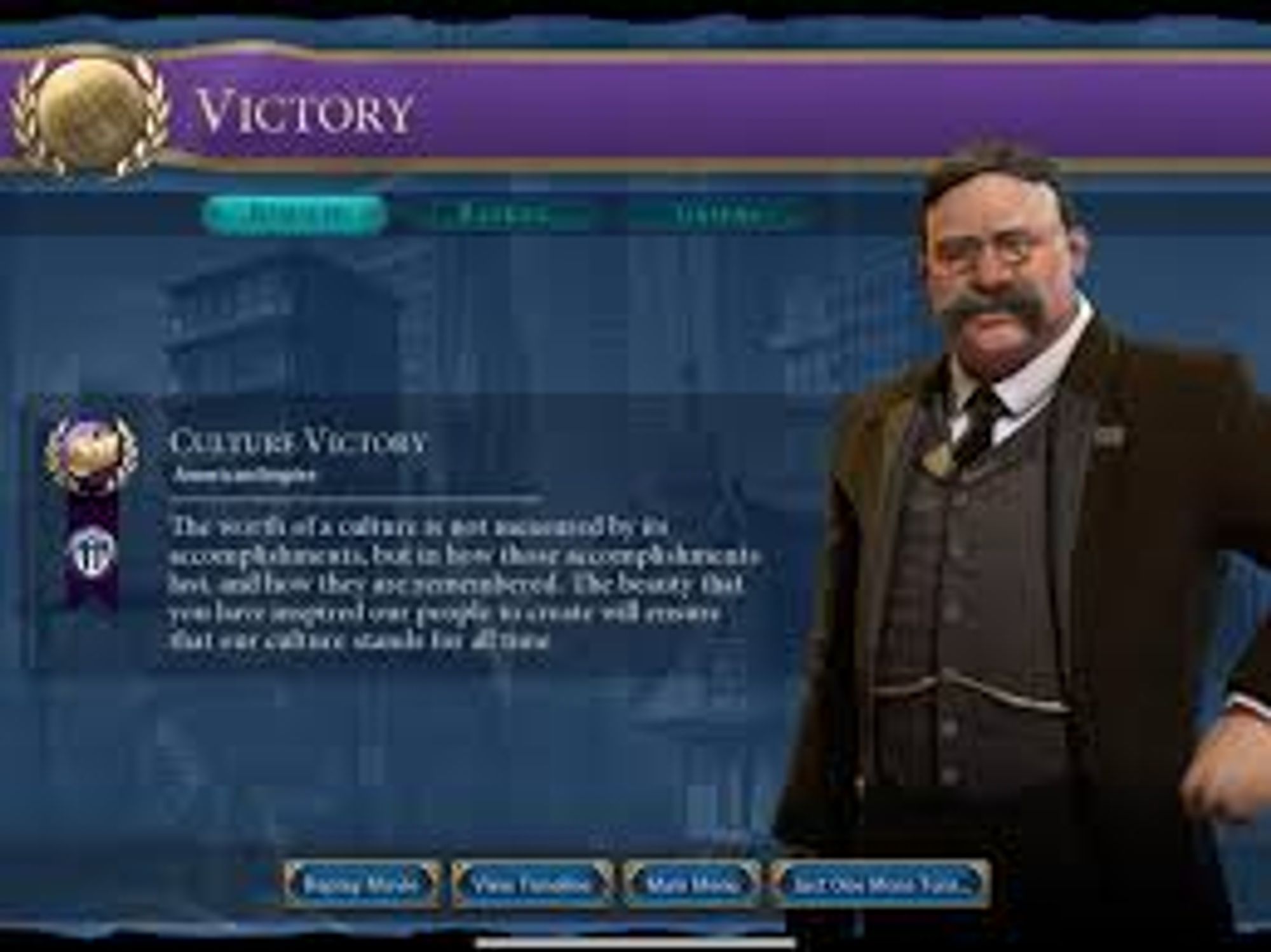 Screen for Cultural Victory for the American civilization in Civ 6