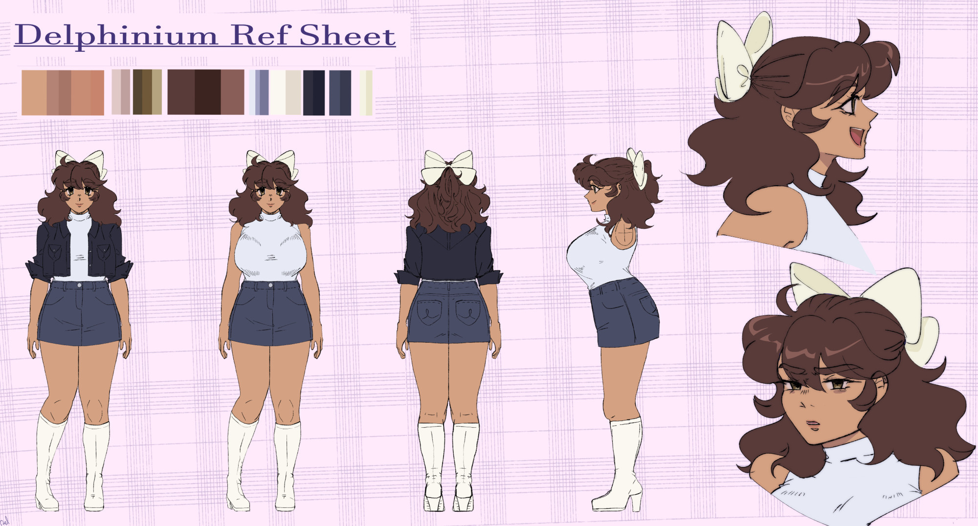 Reference sheet for a VTuber. She is full-bodied with tan skin and medium, curly brown hair pulled back in a half-up half-down hairstyle with an ivory colored hairbow. She wears a cropped dark blue denim jacket with a sleeveless white turtleneck underneath. The white turtleneck is tucked into a mini skirt. She wears ivory colored gogo boots that reach below her knees. Her eyes are dark yellow.