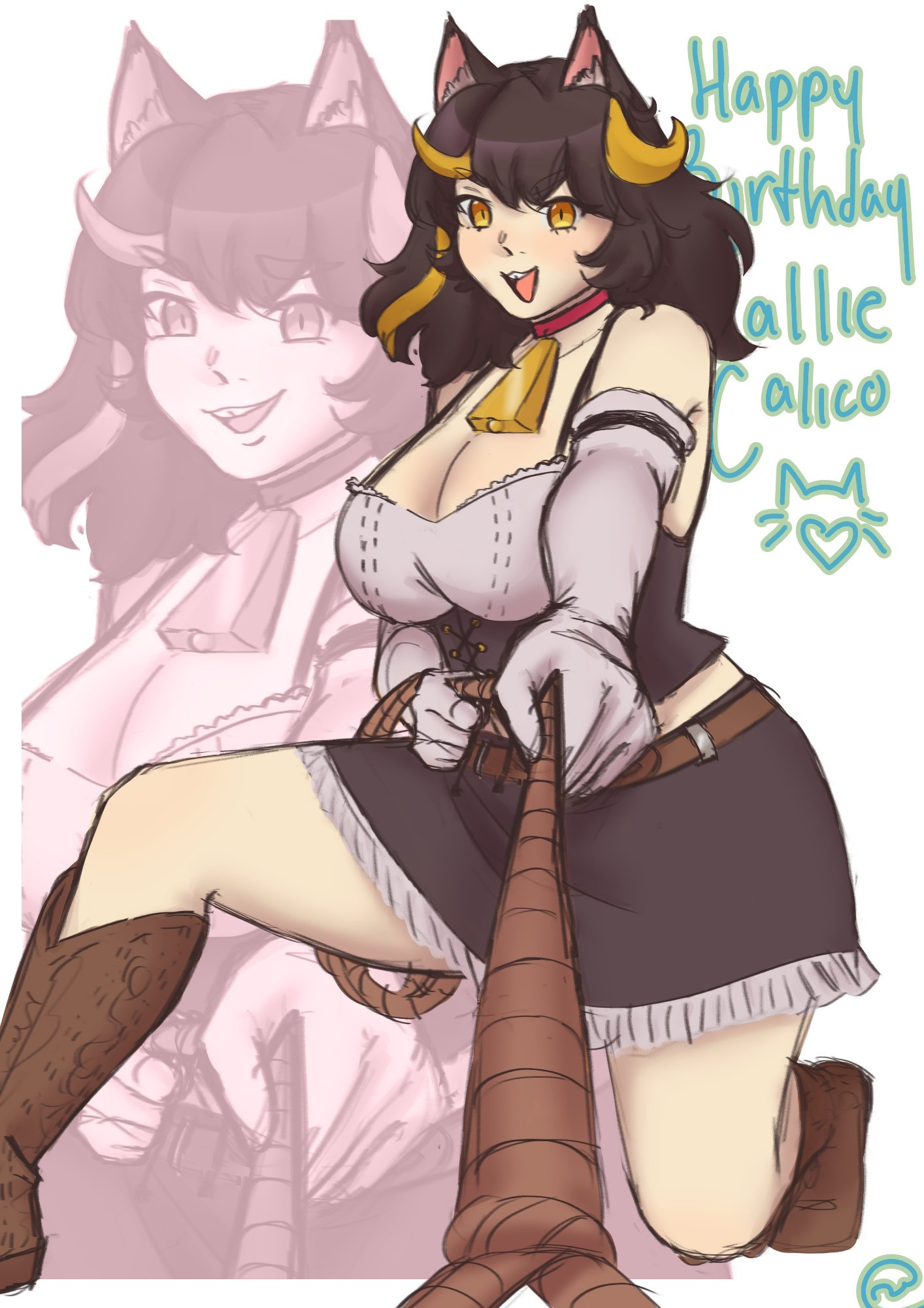 Brown haired with yellow highlights cat girl dressed in a cowgirl outfit lasso'ing the viewer with a smirk. Her expression in the background is smug. Text in the background says "Happy Birthday Callie Calico"