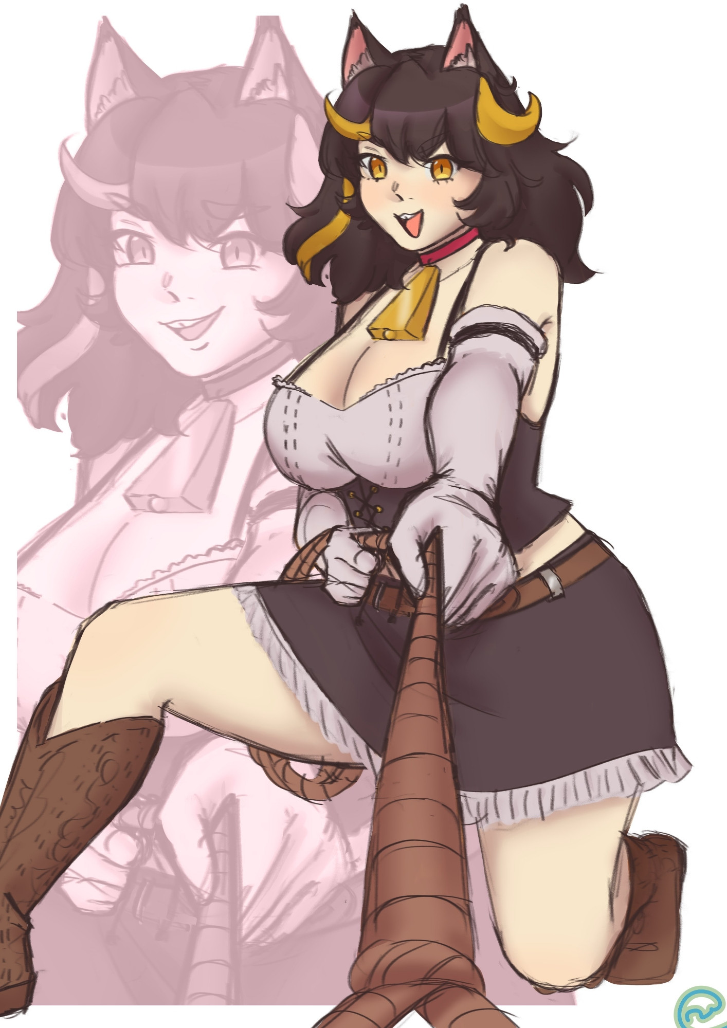 Brown haired with yellow highlights cat girl dressed in a cowgirl outfit lasso'ing the viewer with a smirk. Her expression in the background is smug. No text in the background