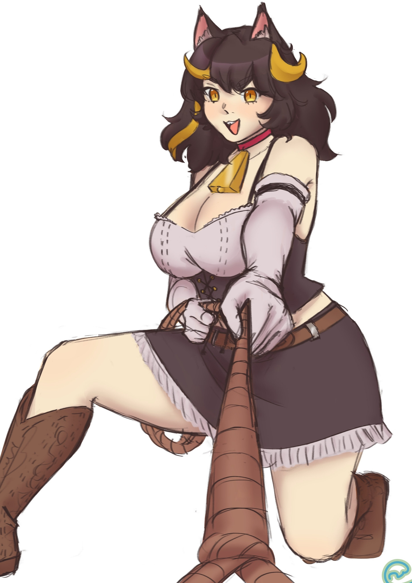 Brown haired with yellow highlights cat girl dressed in a cowgirl outfit lasso'ing the viewer with a smirk.