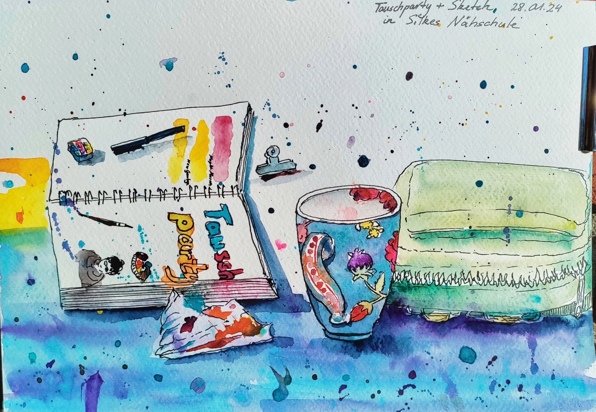 A colorful urban sketch depicting art materials, an open sketchbook and a coffee cup with flowers