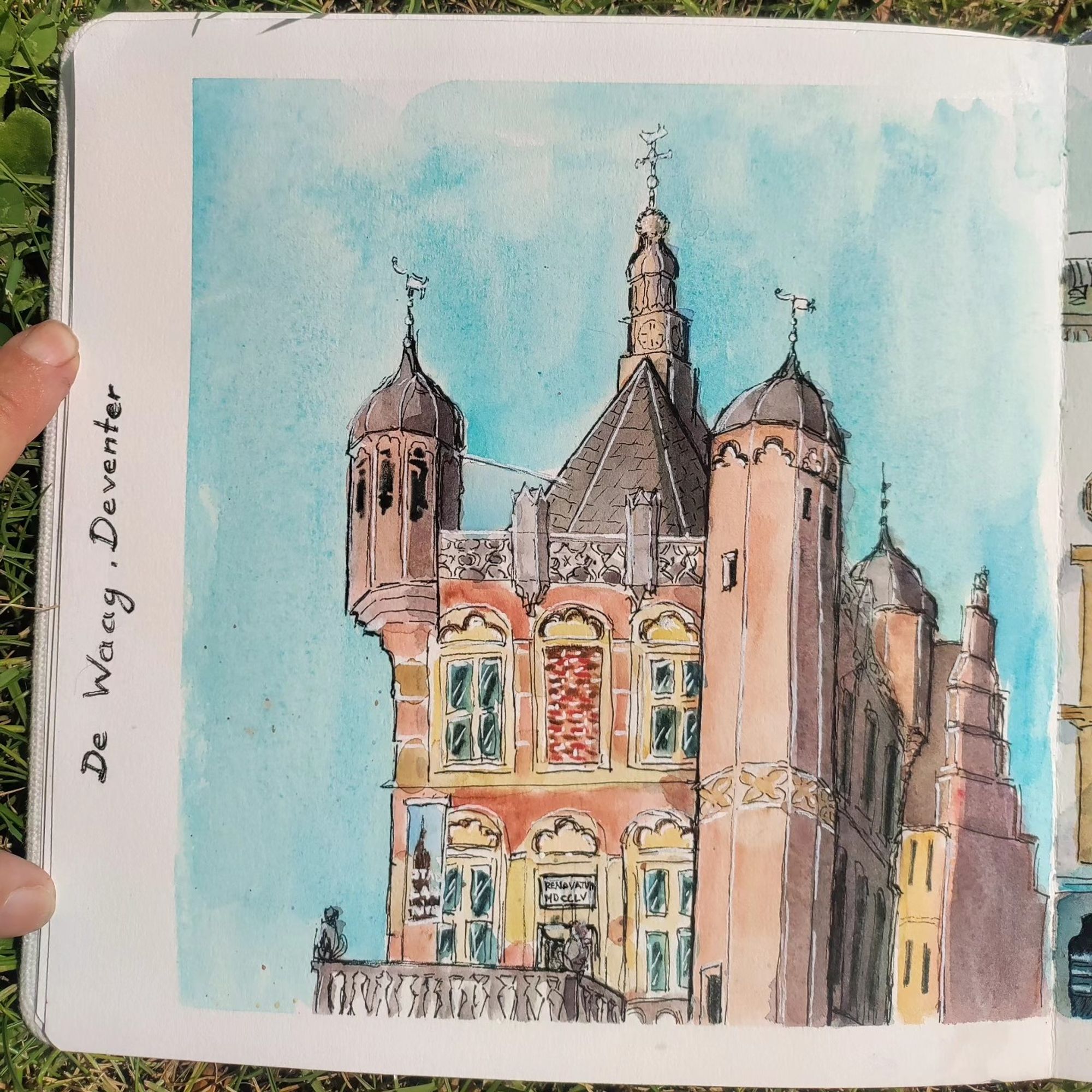 Square watercolor sketch of De Waag Museum in Deventer, NL