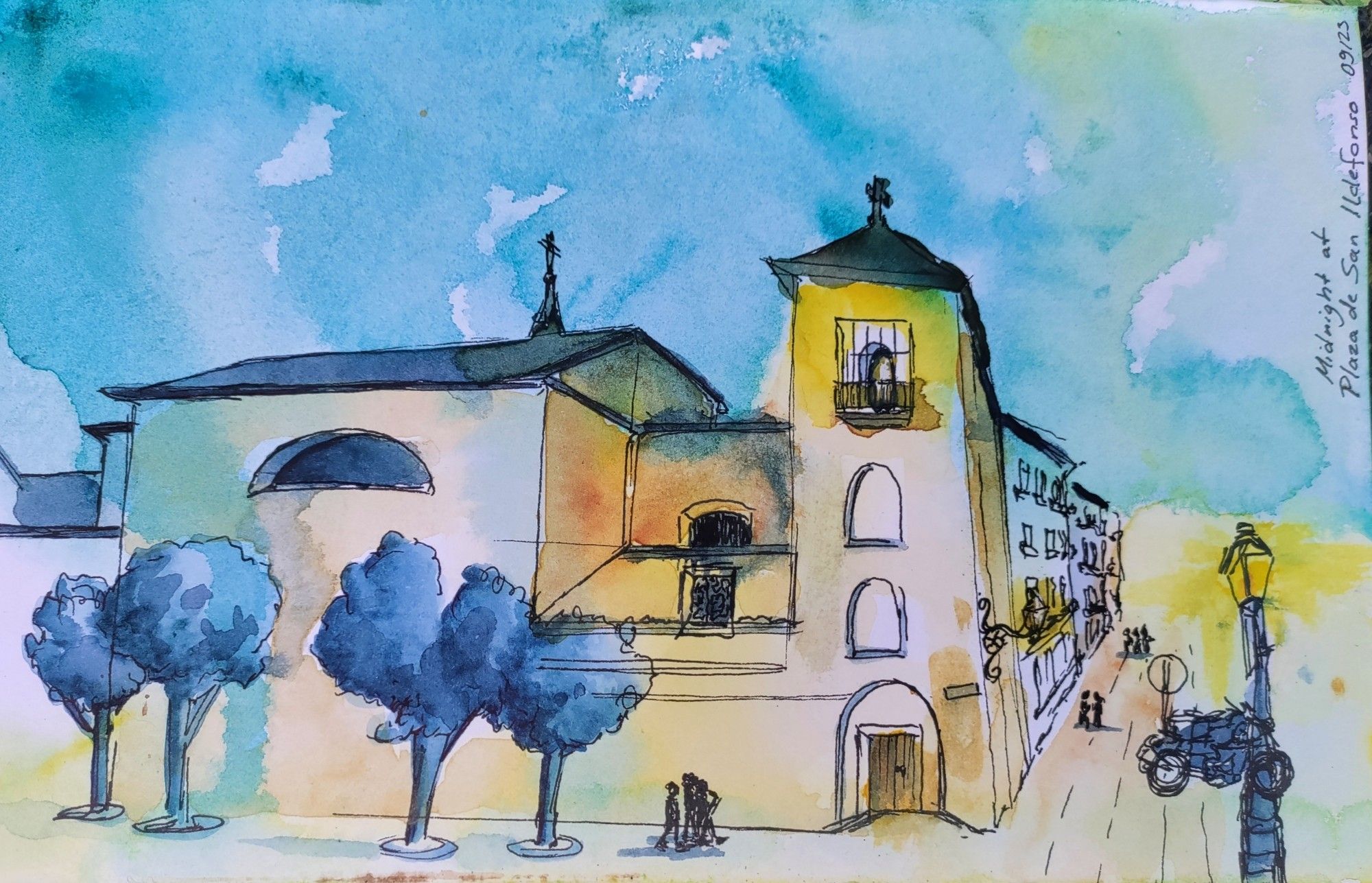 A midnight #sketch in Spain, #Madrid, Plaza de San Ildefonso, showing a beige-yellow Spanish style-church on a market square with a some trees and a few people milling around at night-time