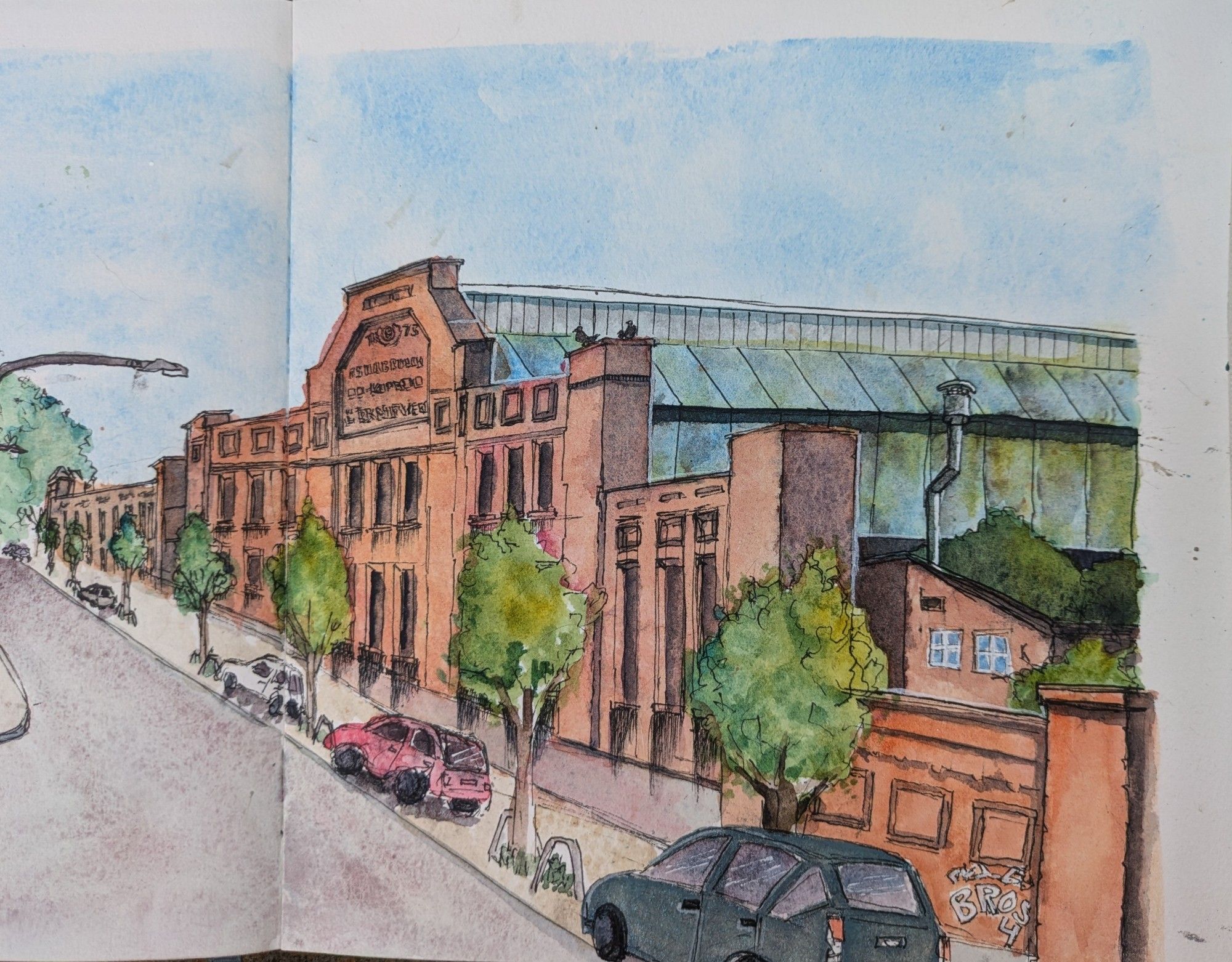 Watercolor and ink sketch of industrial revolution-age factory site