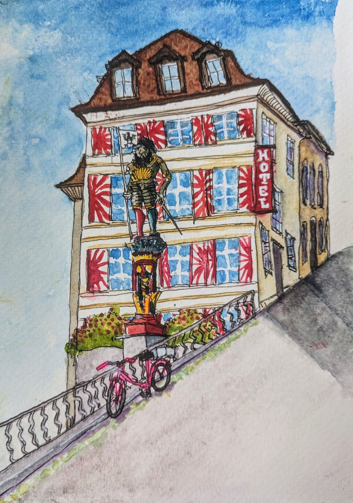 Sketch with watercolor + ink in Neuchâtel, Switzerland of a historical house and statue