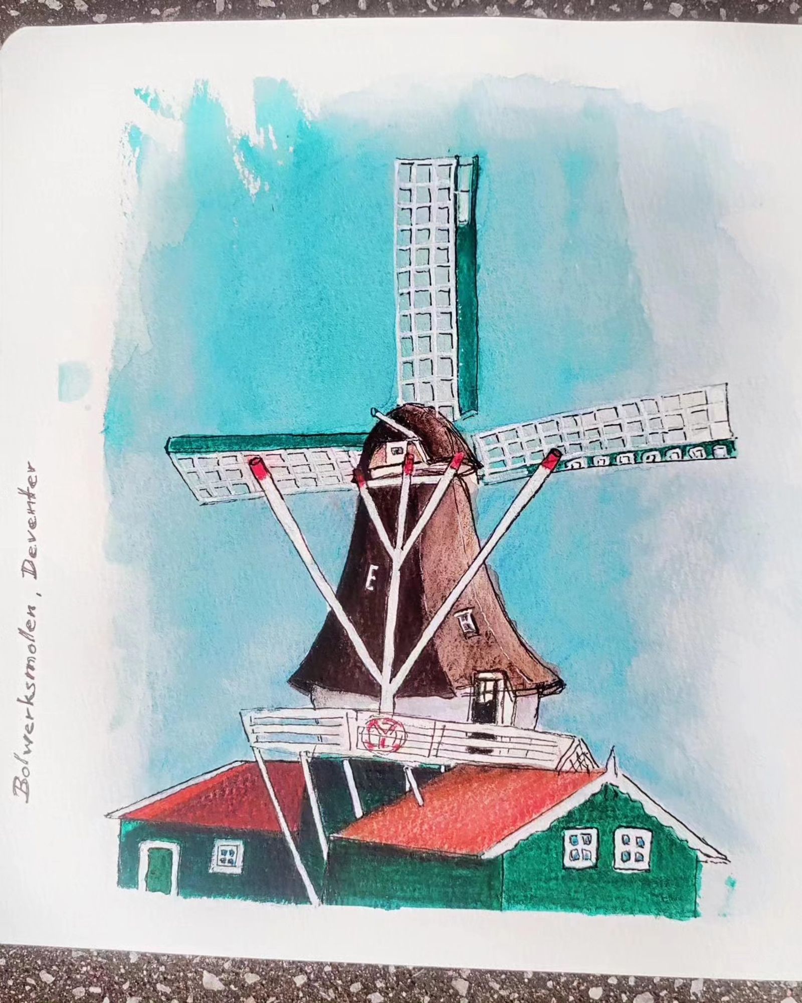 Bolwerksmolen windmill with watercolors and ink in sketchbook