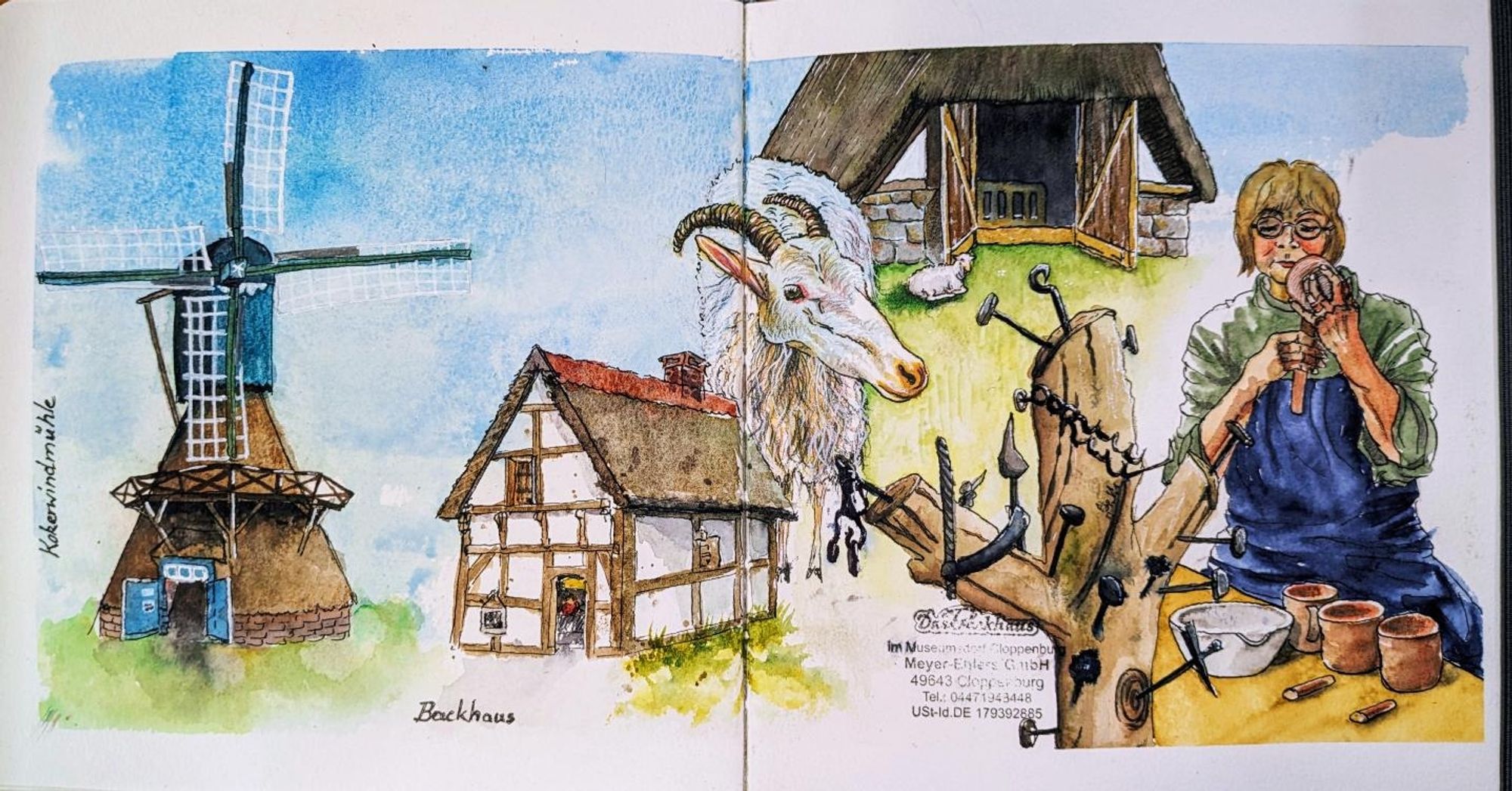 A colorful double-spread with scenes from.an outdoor farming museum with windmills, pottery, sheep