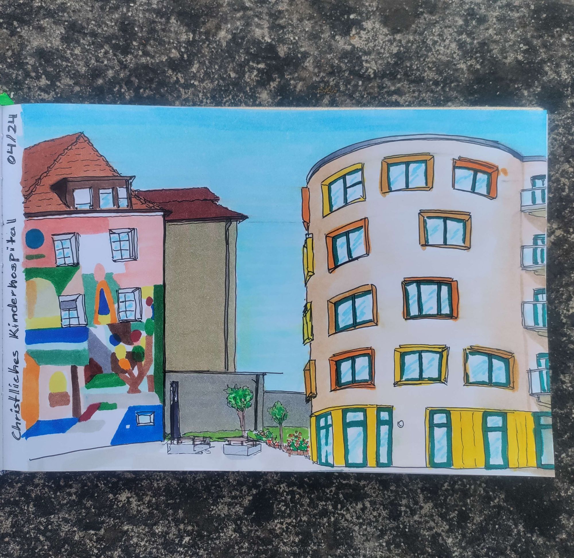 Finished urban sketch with markers of colorful buildings of a childrens hospital