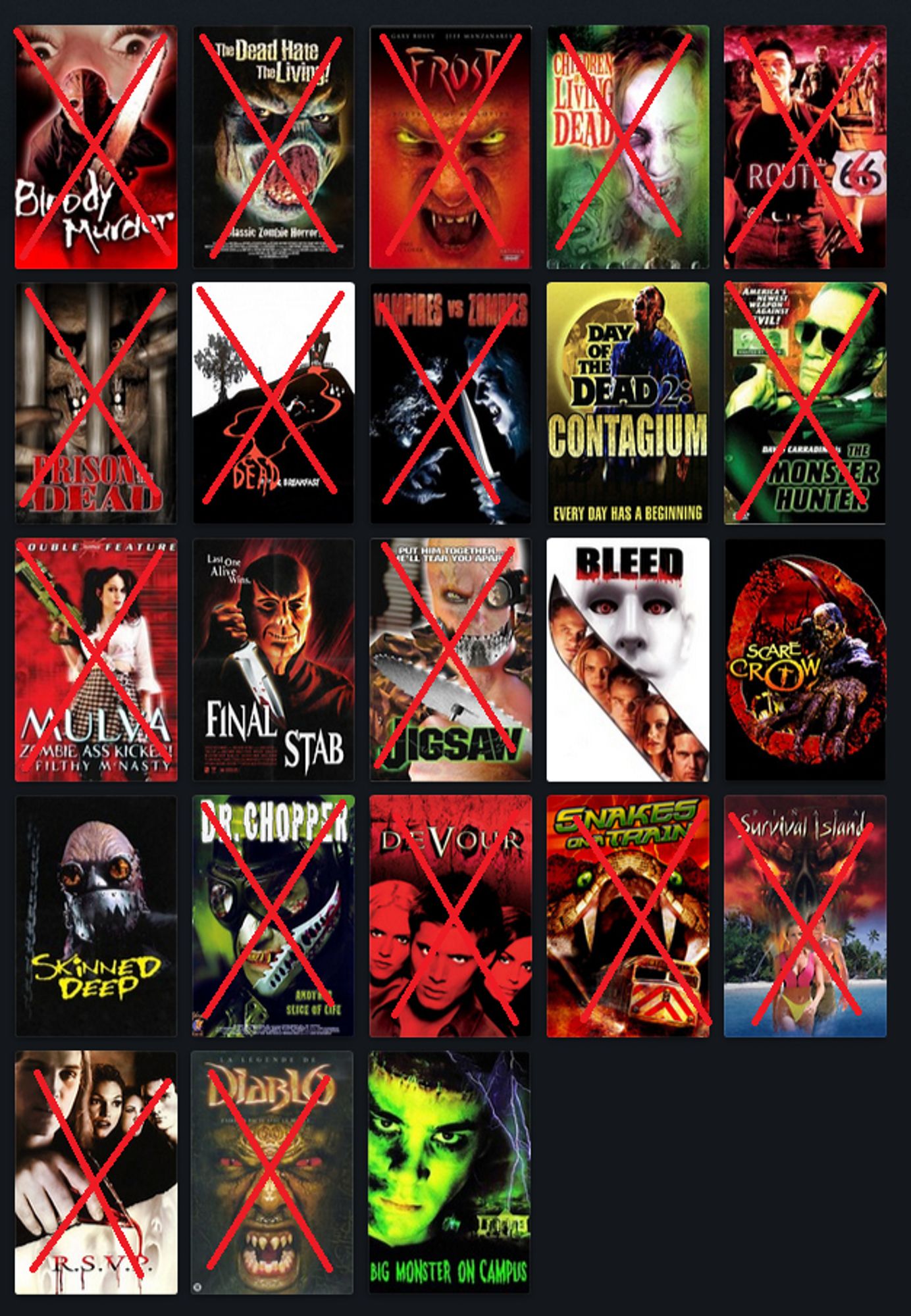 A list of 23 different horror movies with 17 of them marked out.