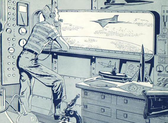 Drawing of a young man, looking out the window of a laboratory. On the walls are panels of dials and switches.  On the lab counter-tops are blueprints, chemical glassware, a microscope, and models of exotic vehicles. The short-haired man is wearing a headset. Outside the window is an endless sky. A delta-winged jet aircraft is flying past. We realize that this must be Tom Swift, Junior, the 18-year-old inventor, and the window is in the fuselage of his nuclear-powered Flying Lab, a giant airplane.  This illustration is from the endpapers of a Tom Swift, Jr. novel.  Artist uncredited. Copyright 1954 by Grosset & Dunlap.