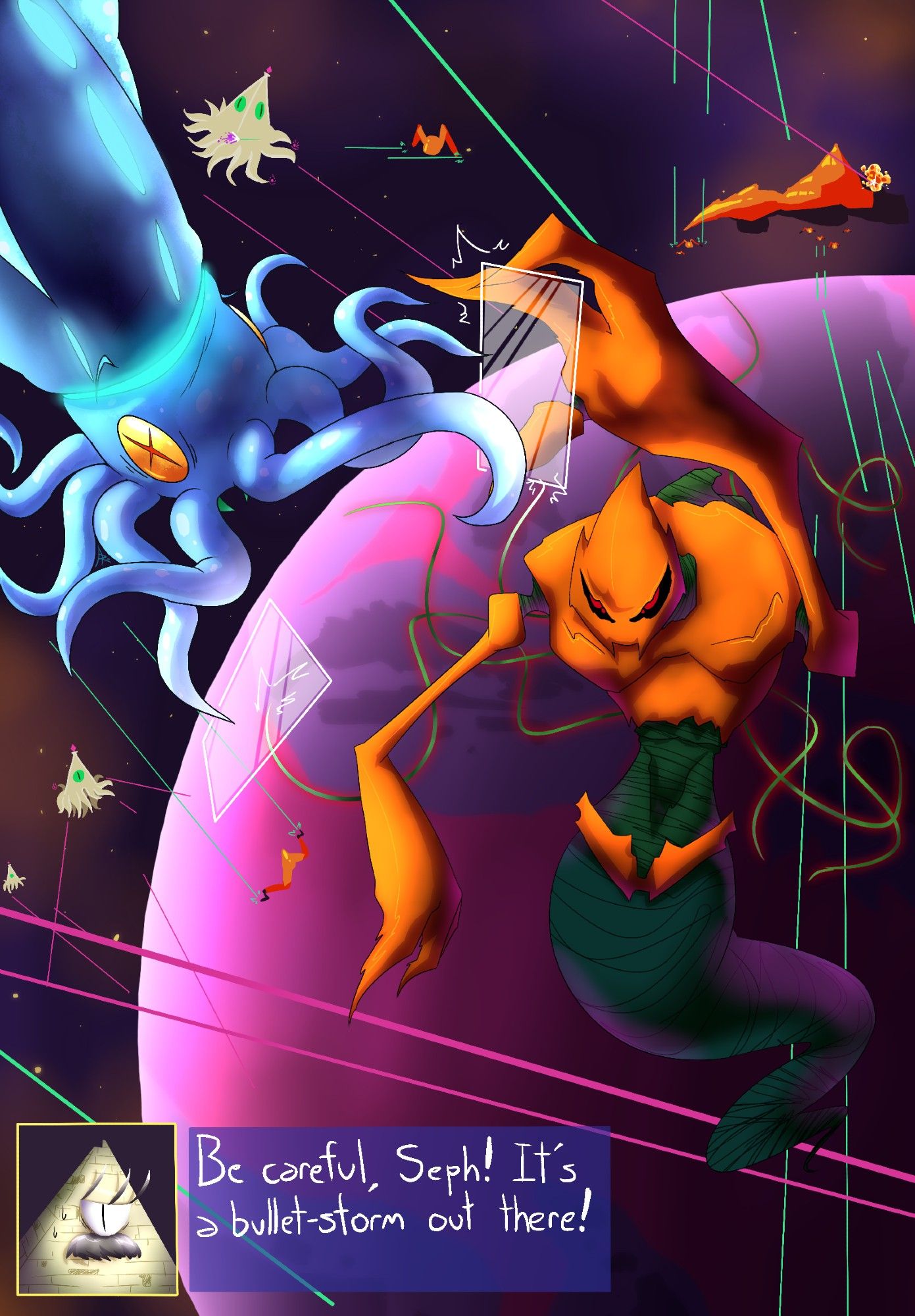 A blue squid fights a pumpkin-colored insectoid queen with magic mirrors in orbit around a magenta planet. Meanwhile, both sides are engaging in aerial battle, pyramid aliens dogfighting weirdly-shaped ships. It's smack in the middle of a battlefield, in space!