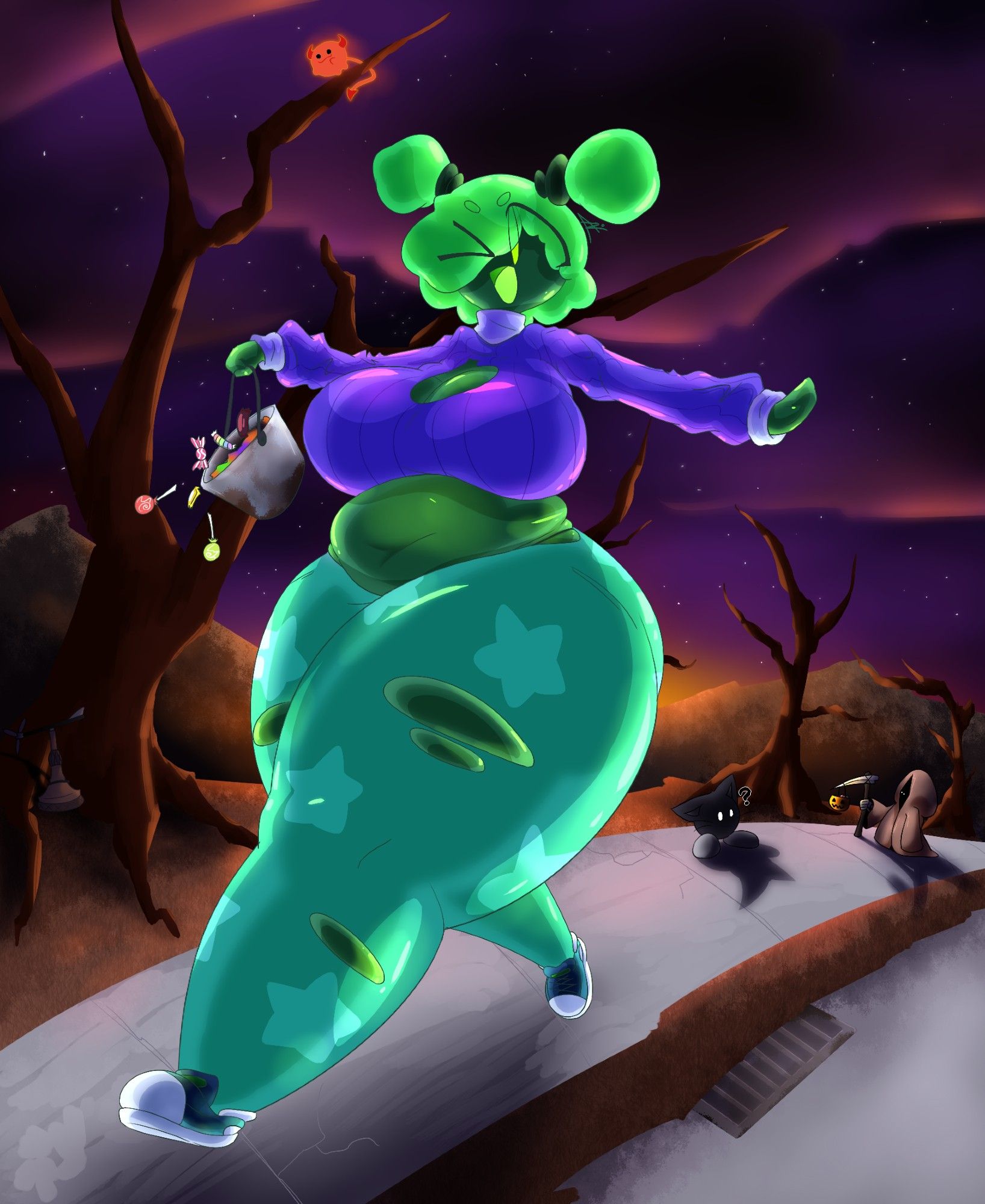 A chubby slime girl strolls down a sidewalk trick-or-treating beside a very dead and creepy forest at twilight. The last of the sun's rays shimmer in her viscous body. Nearby, a broken whirlygig, an cat-like orb, an imp, and the Grim Reaper are also enjoying the night.