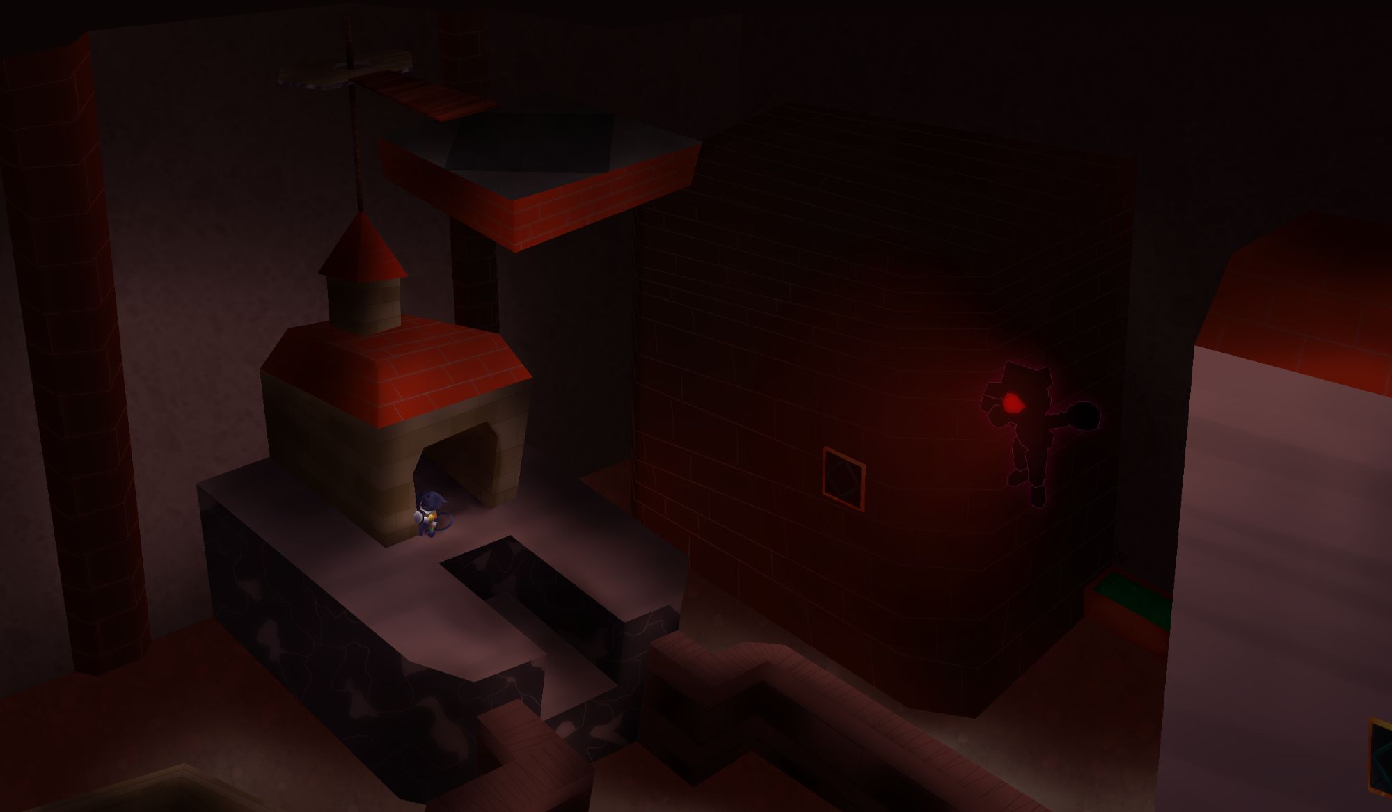 A dark, musty, and humid underground town. The subworld of Super Mario 64's Wet Dry World painting, turned haunted and spooky... Pictured here is my self-insert peeking around the corner as a floating shadow mario watches nearby.