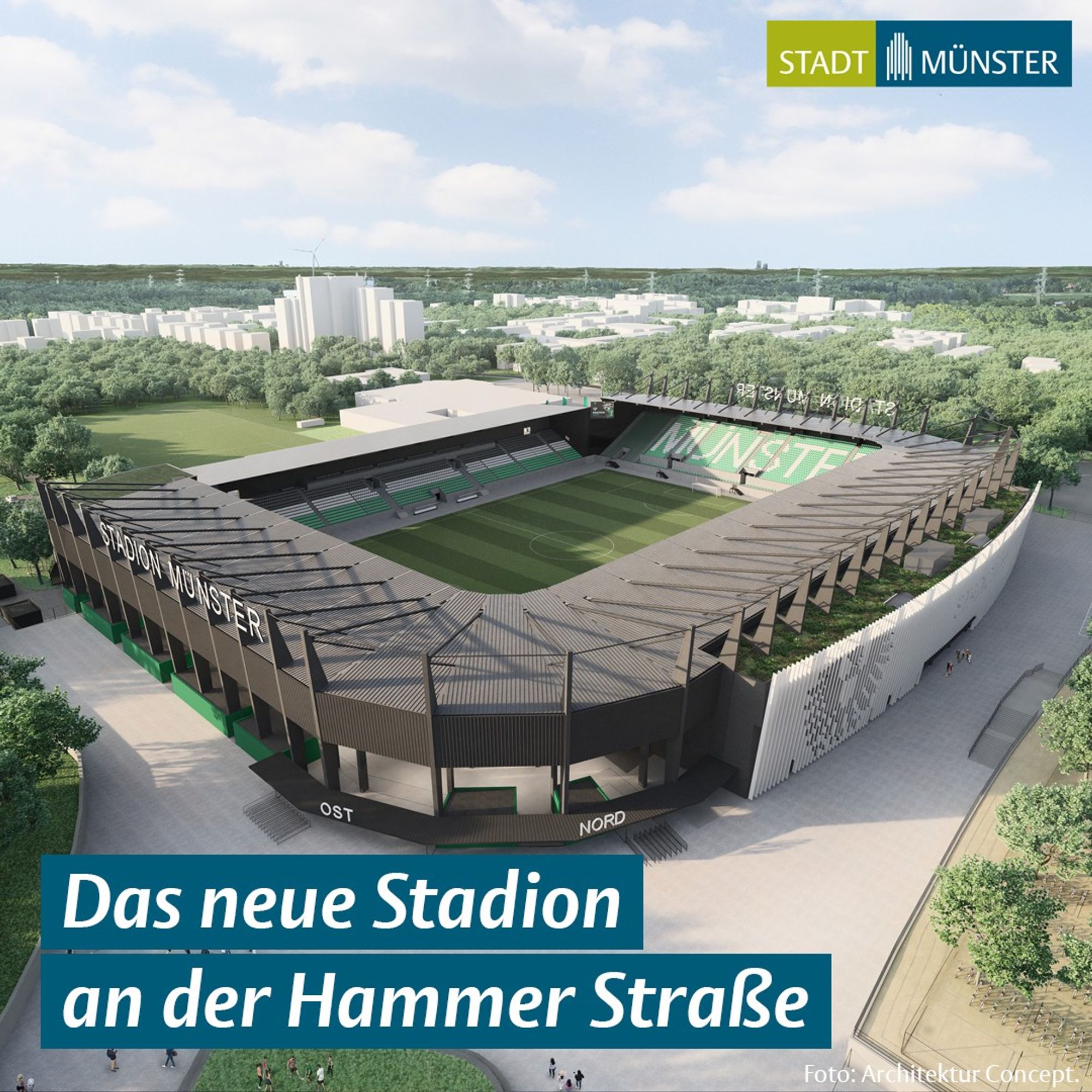 Visualisierung des neuen Stadtions an der Hammer Straße: Blick von oben Richtung Berg Fidel.