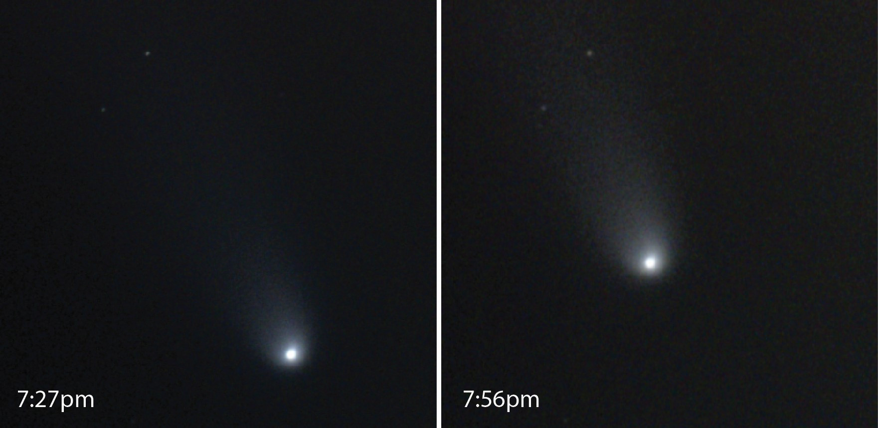 Two images of Comet Tsuchinshan-ATLAS, a white starry object on a black background surrounded by a narrow, conical, hazy white tail extending diagonally upward and to the left. The left-hand image is labeled 7:27pm and the right-hand one 7:56pm. Two faint background stars near the top are in the same place in both images, but from the first image to the second, the comet has moved noticeably toward the stars.