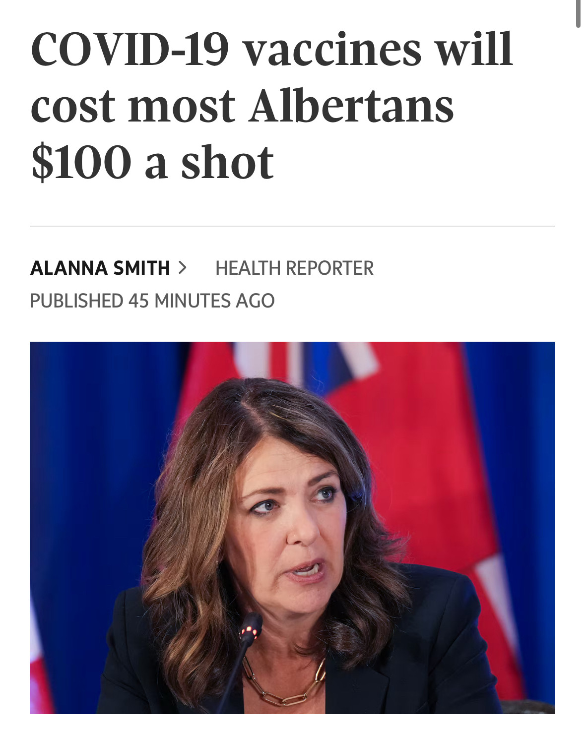 Screenshot of a 2025 news article in which the price of the Covid vaccine for Albertans is revealed to be $100 per dose