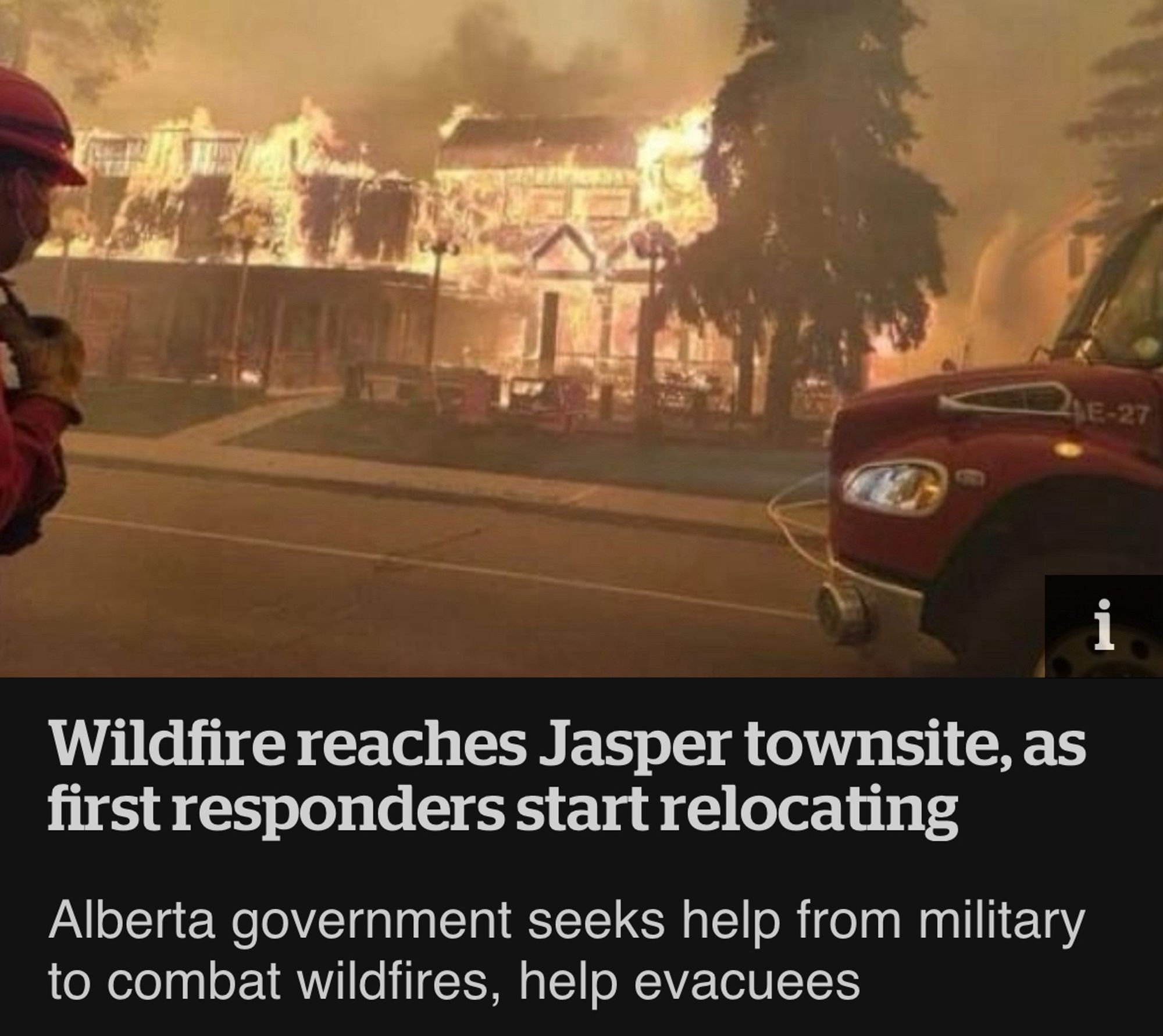 A screenshot of a CBC story with the headline ‘wildfire reaches Jasper town site as first responders start relocating’